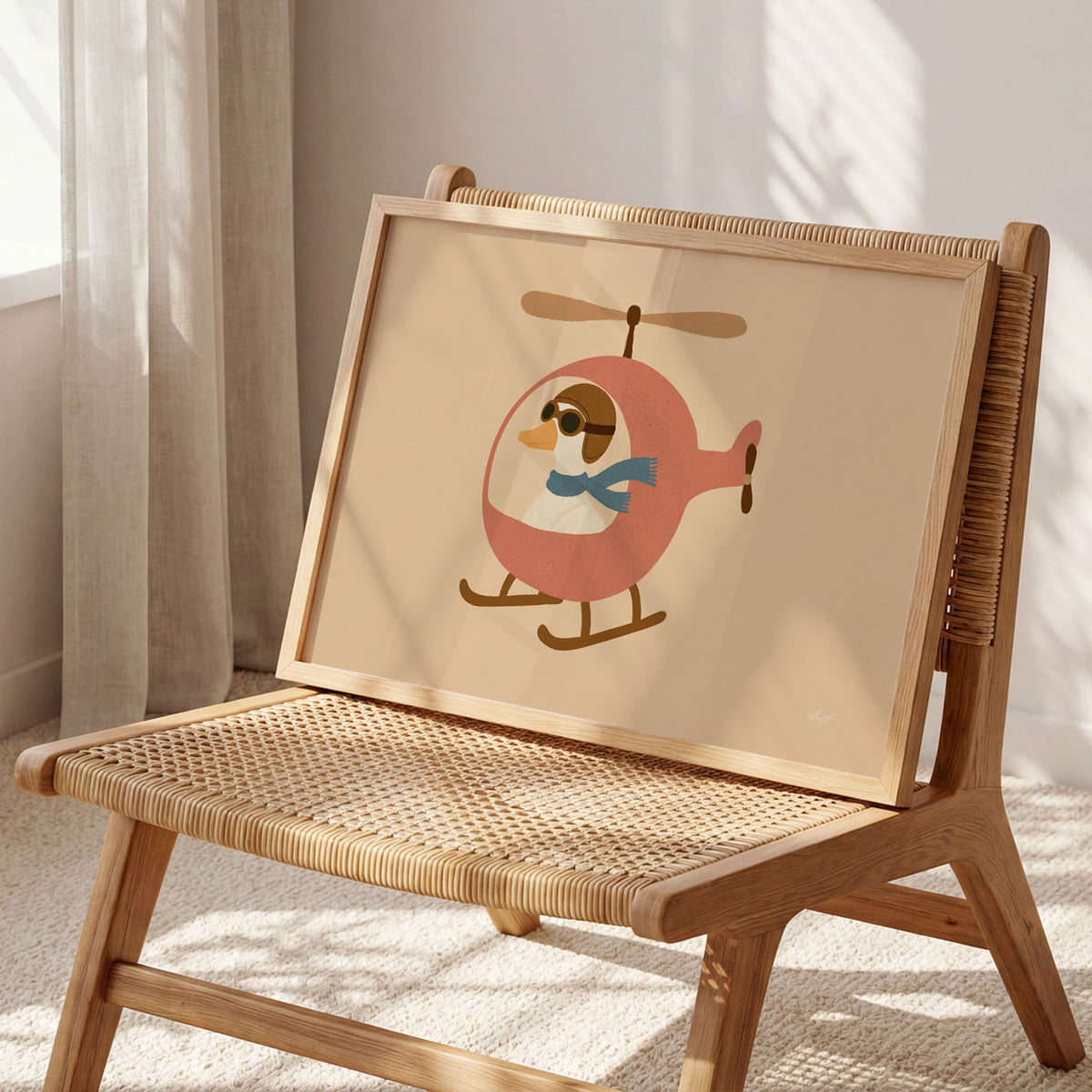 Landscape poster of a goose in a flying cap piloting a small pink helicopter