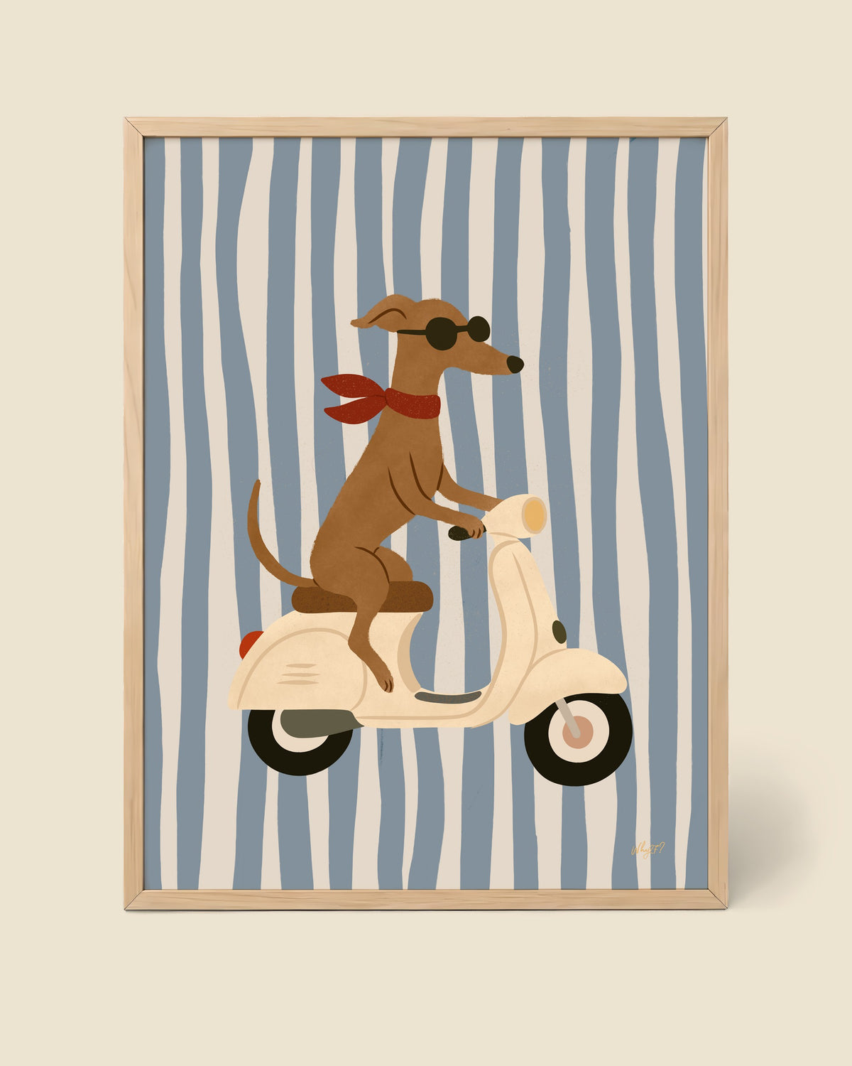 Cool Dog on Scooter Poster framed in a natural wood frame