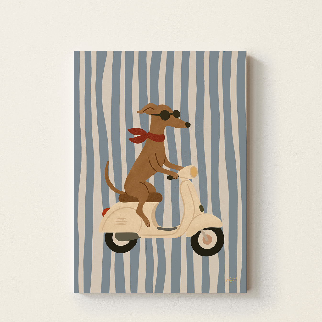 Cool Dog on Vespa poster featuring a stylish dog wearing sunglasses and a red scarf riding a classic scooter on a blue striped background.