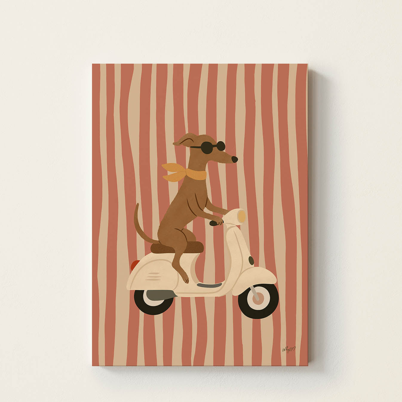 Hand-drawn dachshund wearing sunglasses and a yellow scarf while riding a vintage cream scooter, retro-inspired kids wall art for nurseries, bedrooms, and playrooms.