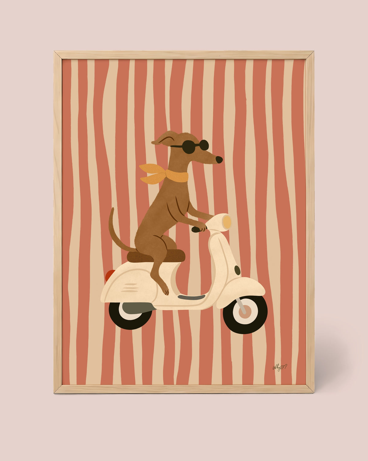 Vintage Scooter Dog Poster framed in a natural wood frame