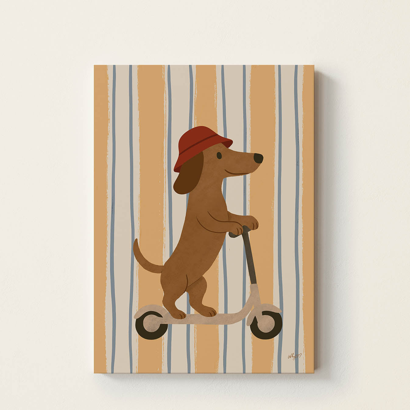 Hand-drawn dachshund wearing a red hat while riding a kick scooter, retro-inspired kids wall art for nurseries, bedrooms, and playrooms.