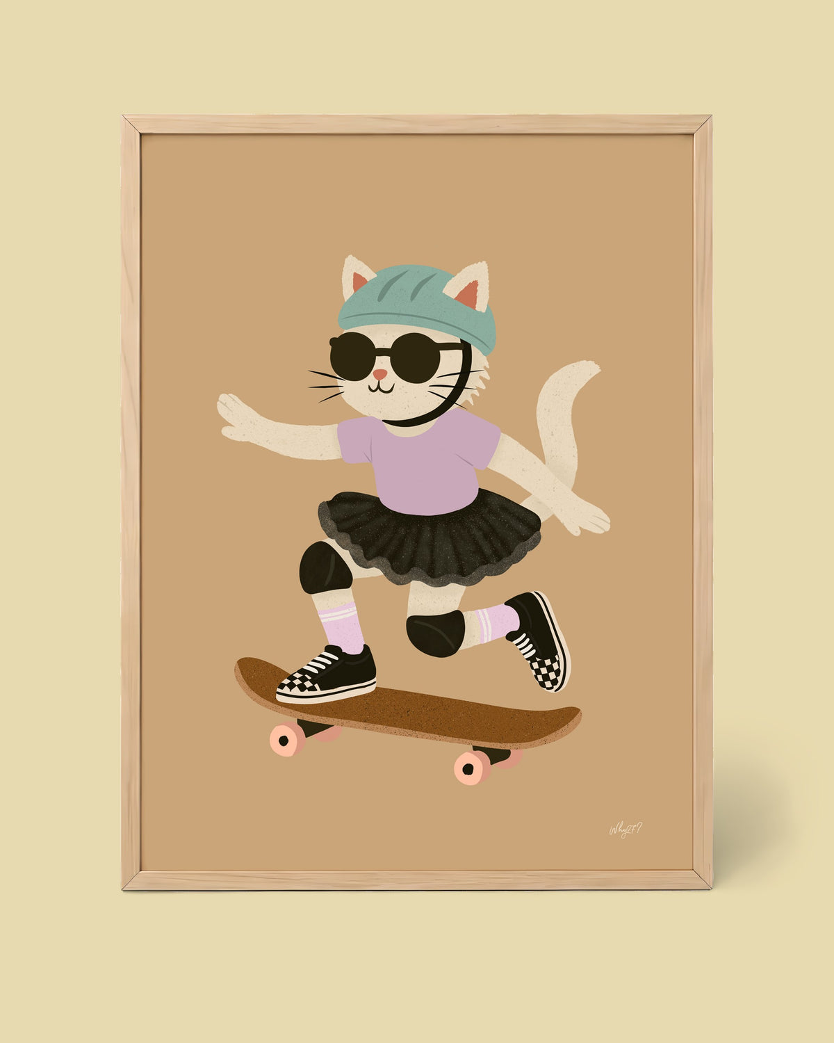 Skater Kitty Poster framed in a natural wood frame