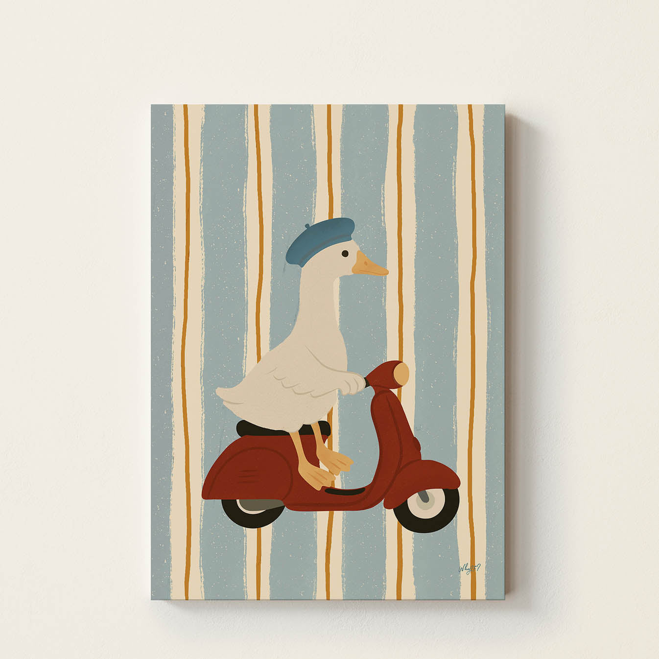 Hand-drawn goose wearing a blue beret while riding a vintage red scooter, retro-inspired nursery wall art for children's bedrooms, playrooms, and modern family spaces.