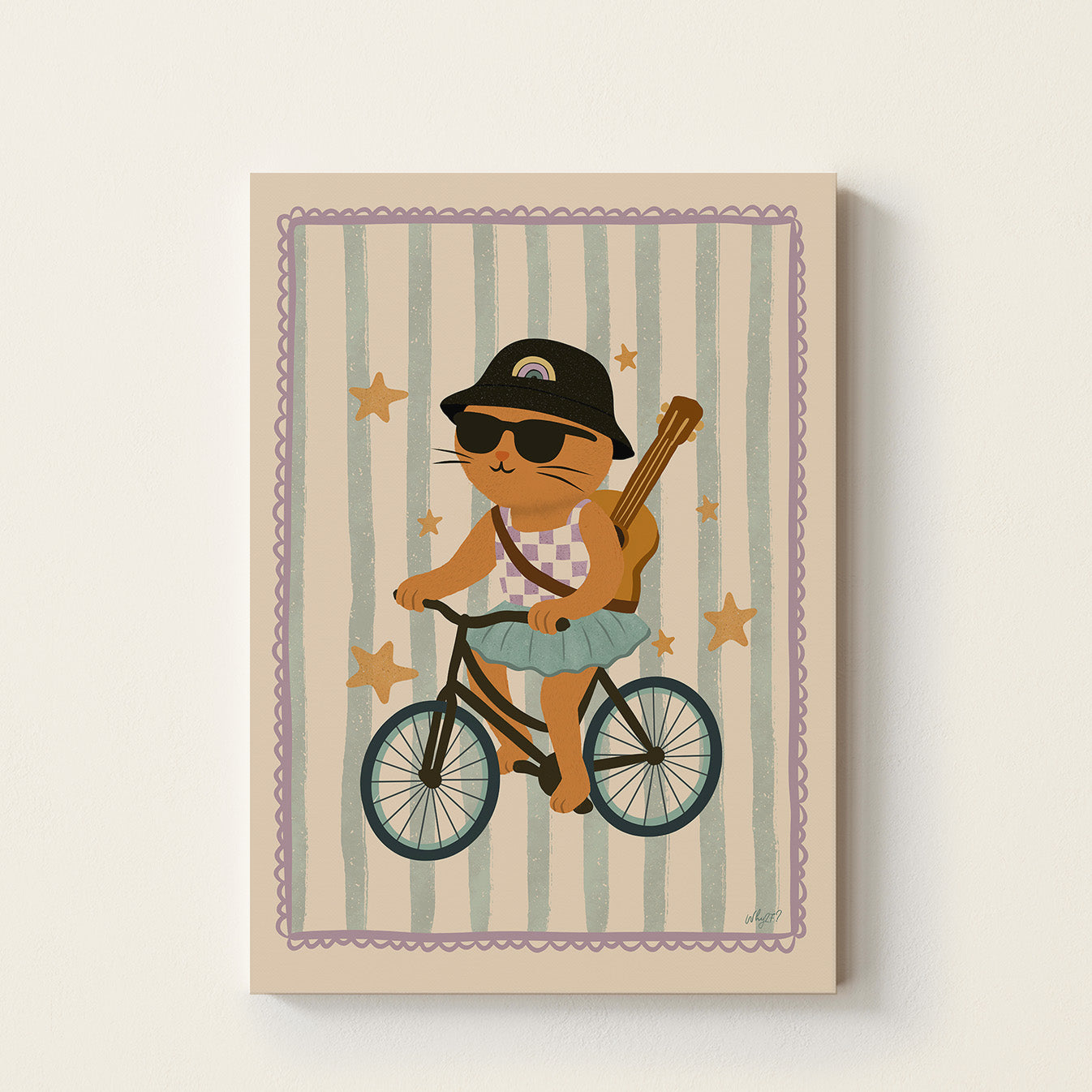 Cat on bicycle poster featuring a cat wearing sunglasses and a bucket hat riding a bicycle with a guitar on its back against a striped background.