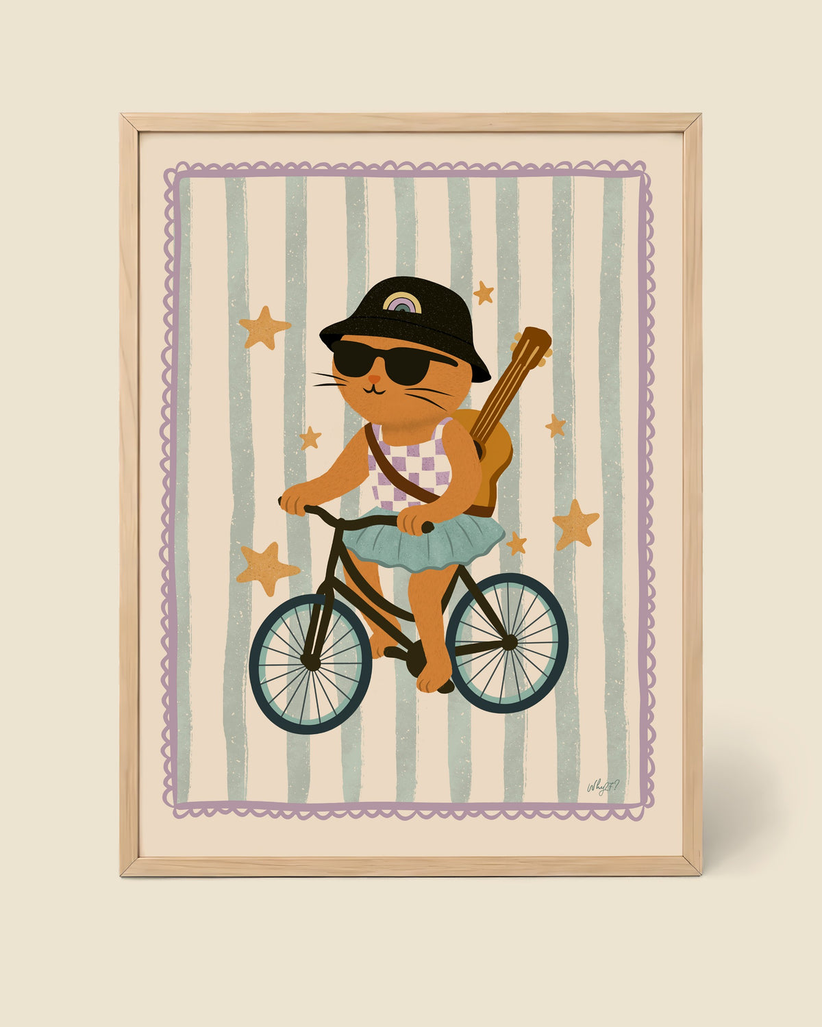 Cool Cat on Bike Poster framed in a natural wood frame