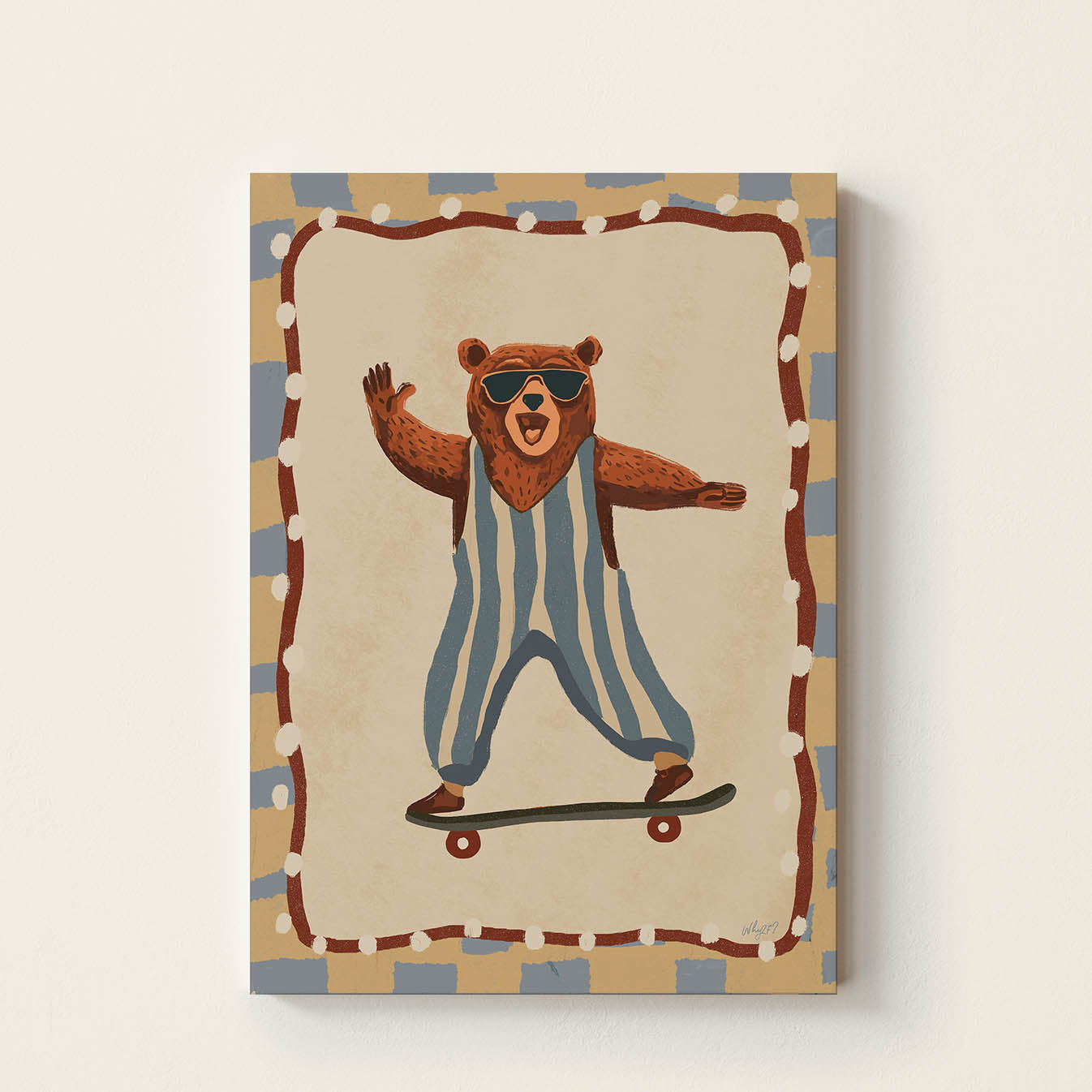 Hand-drawn happy bear wearing sunglasses and striped overalls while riding a skateboard, retro-inspired kids wall art for nurseries, bedrooms, and playrooms.