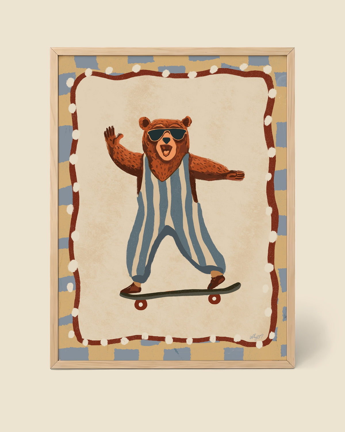 Happy Skater Bear Poster framed in a natural wood frame