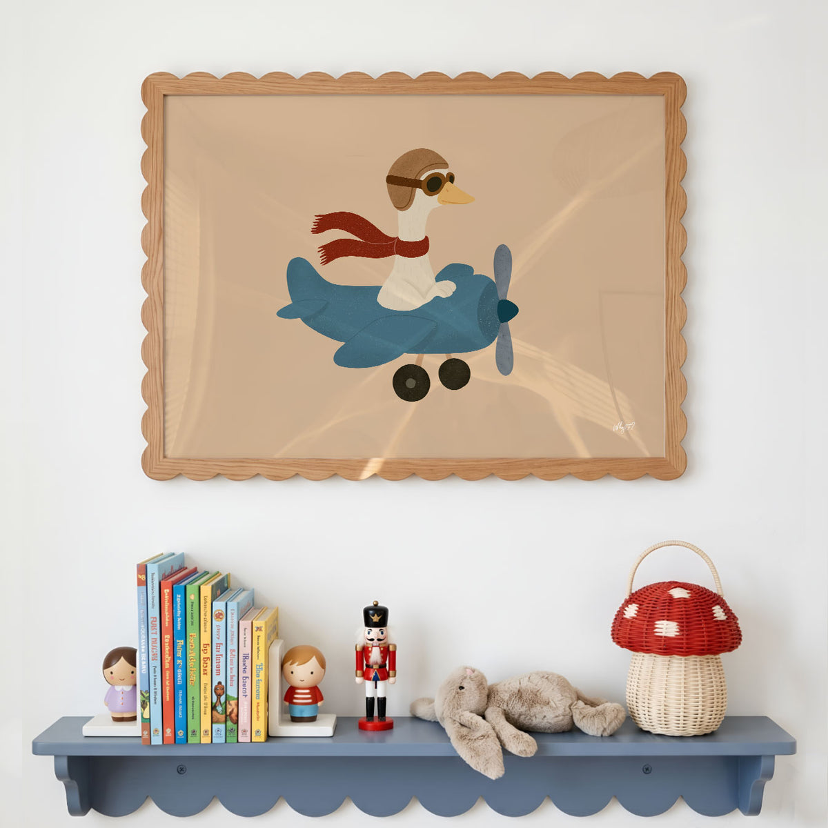 Landscape poster of a goose in goggles flying a small blue plane