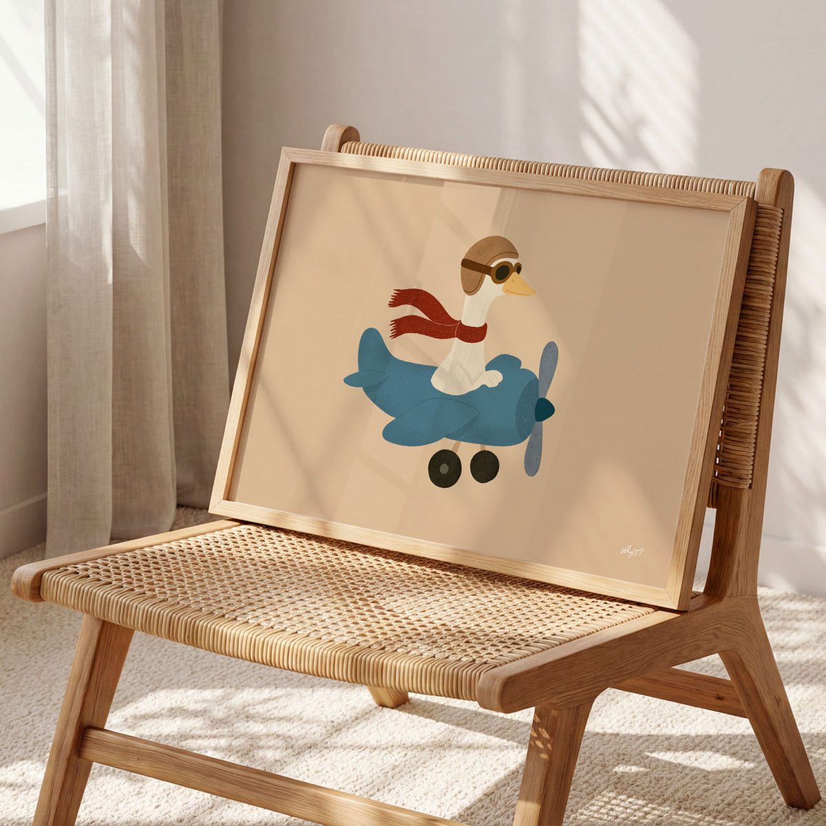 Landscape poster of a goose in goggles flying a small blue plane