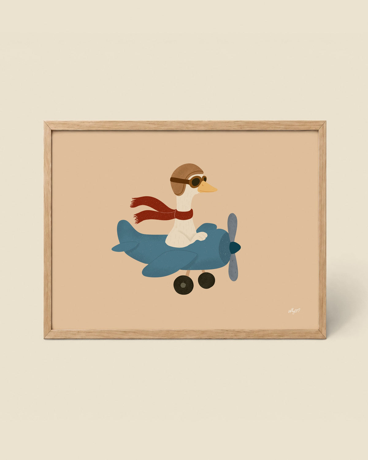 Goose Plane Poster framed in a natural wood frame