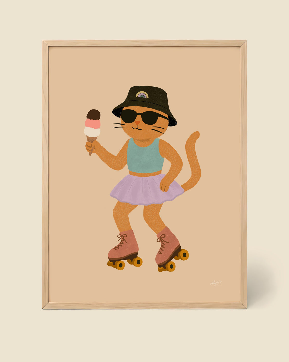 Kitty On Roller Skates Poster framed in a natural wood frame