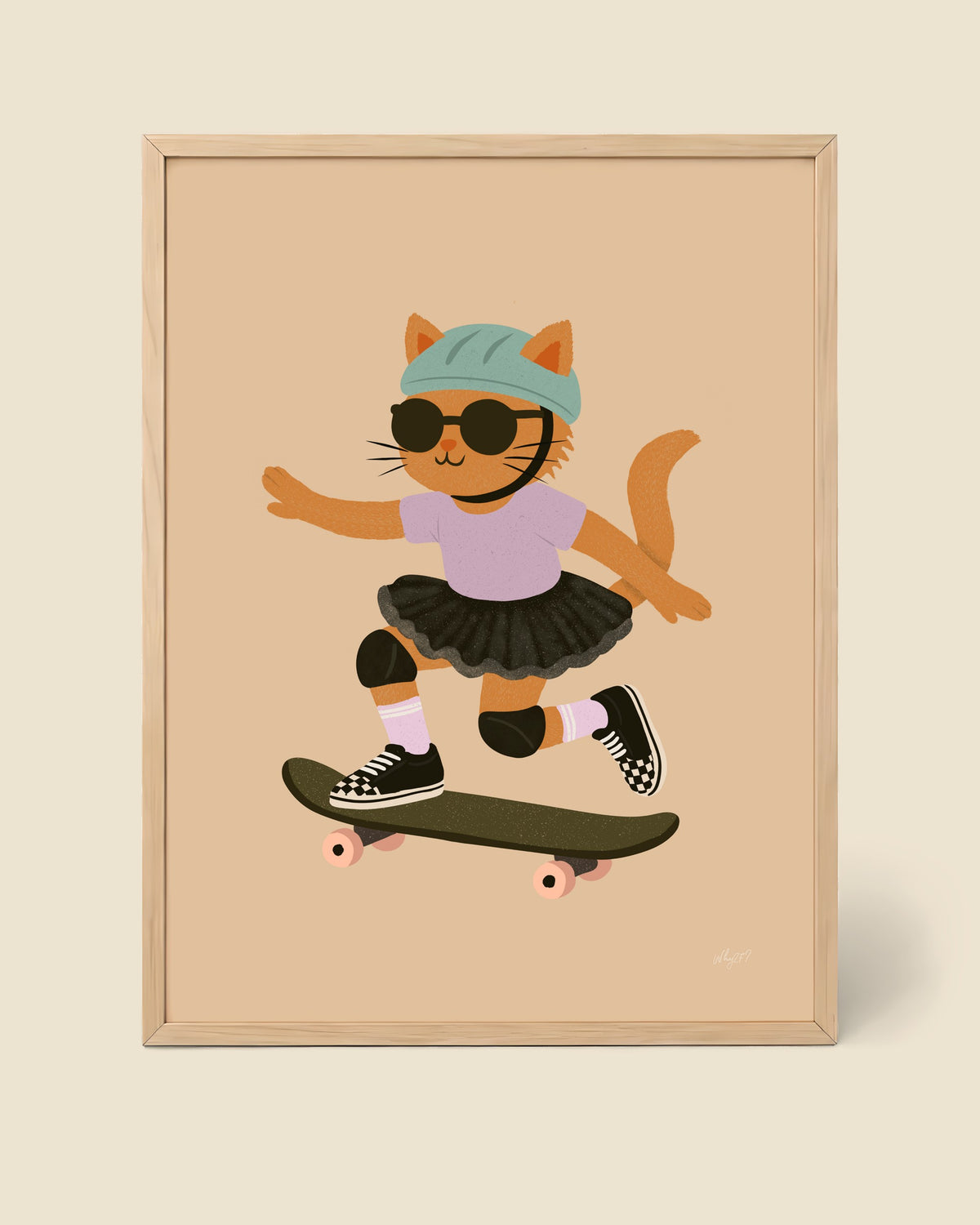 Skater Kitty Stars Poster framed in a natural wood frame