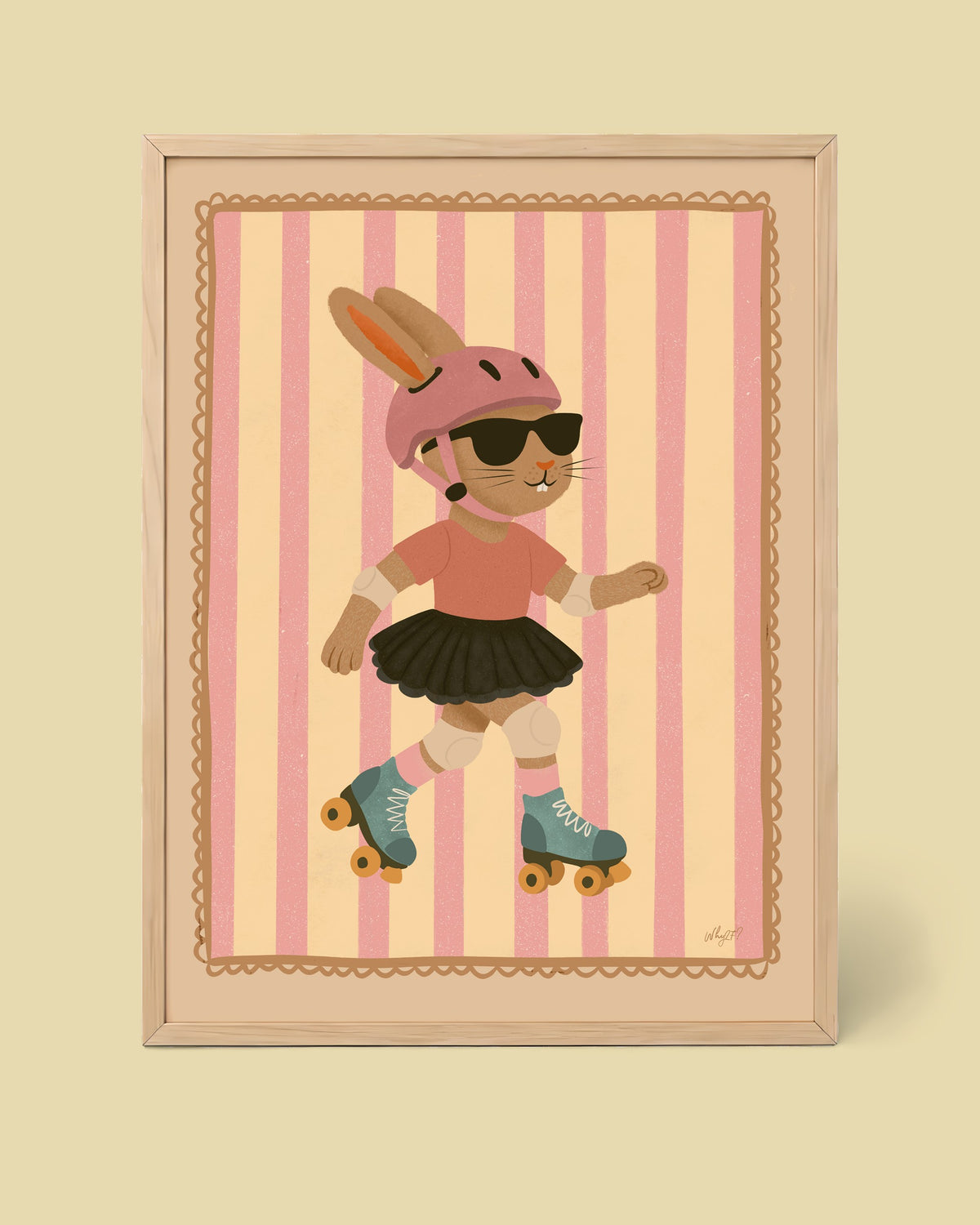 Skating Rabbit Poster framed in a natural wood frame