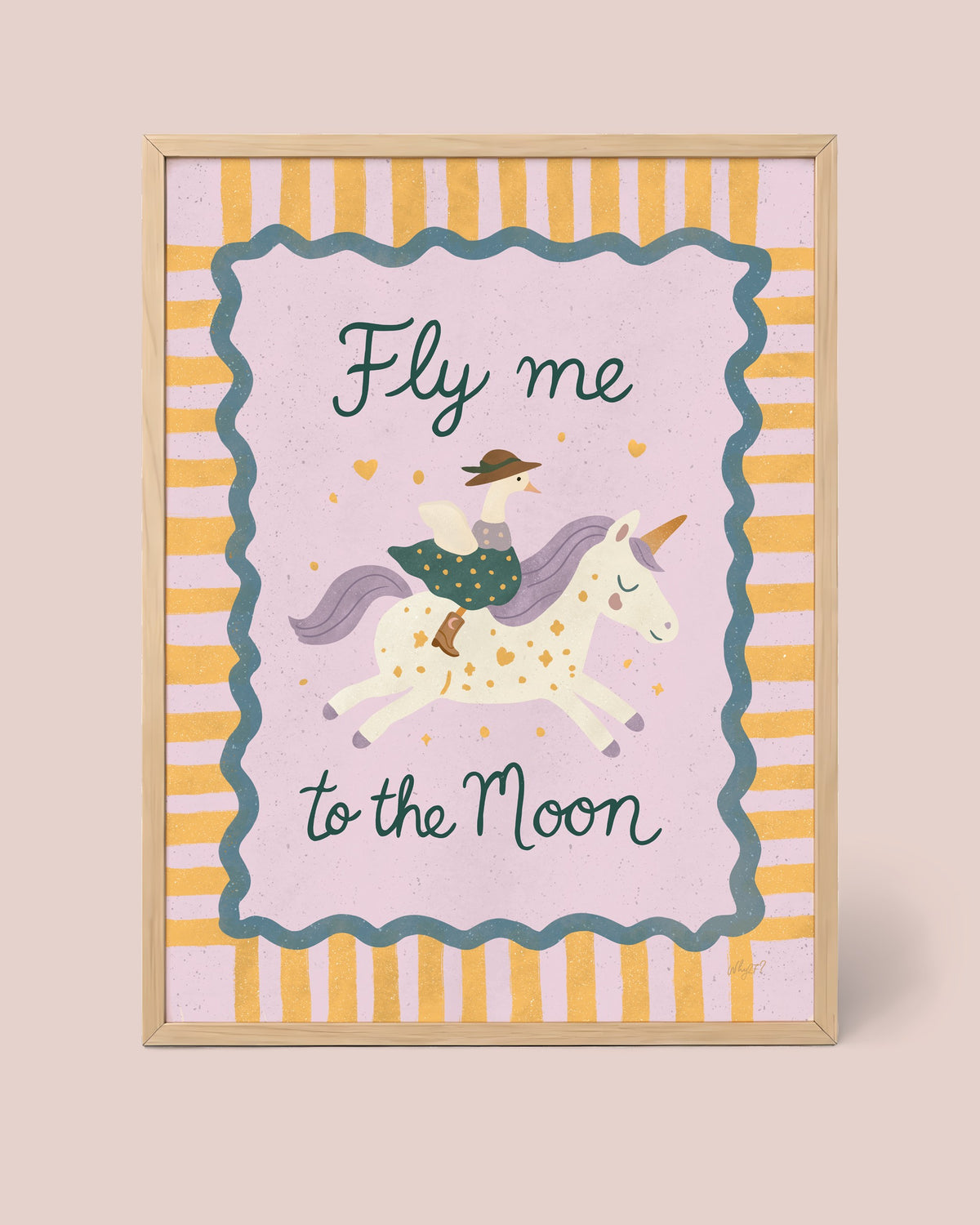 Fly Me to the Moon Poster framed in a natural wood frame