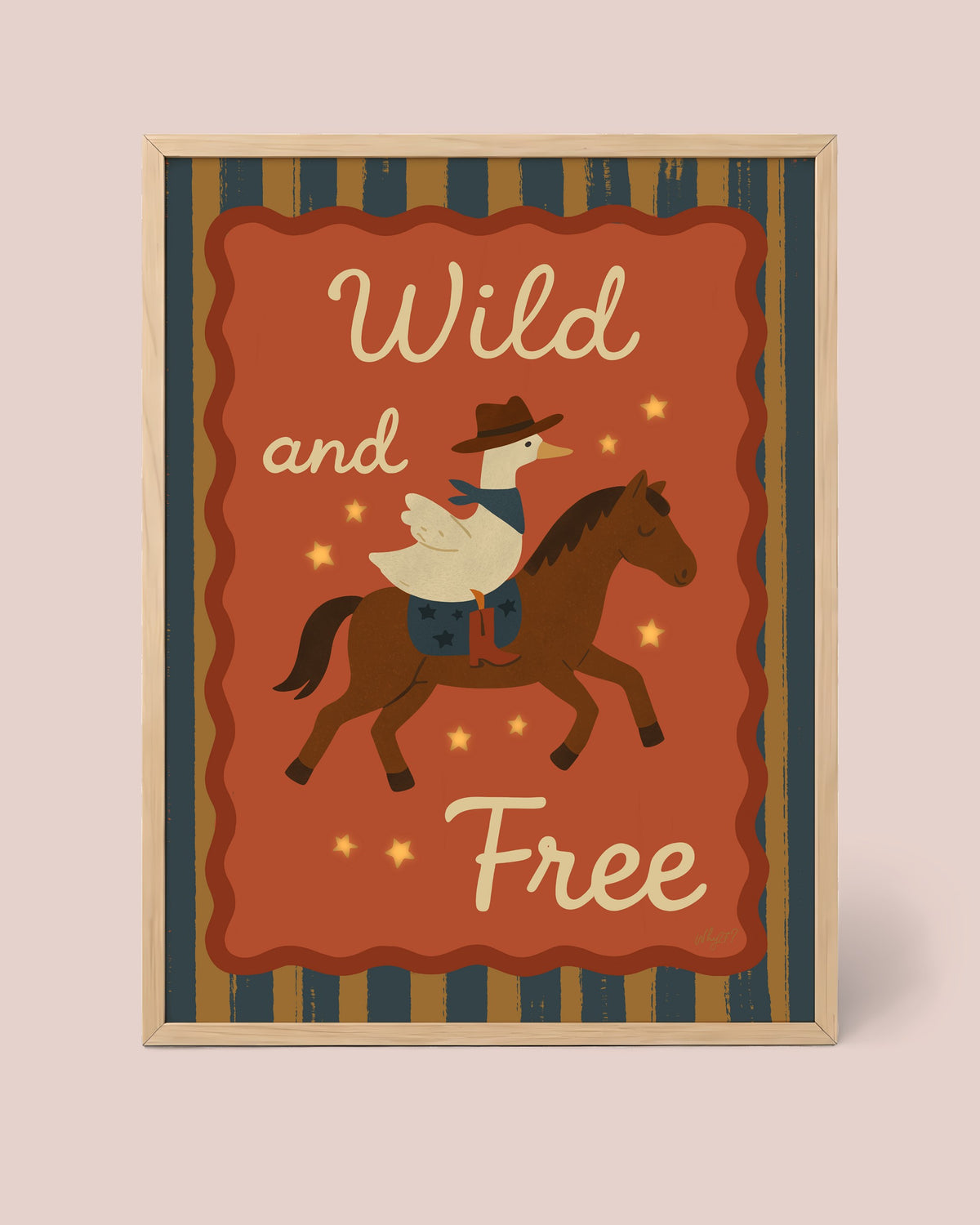 Wild And Free Rider Poster framed in a natural wood frame