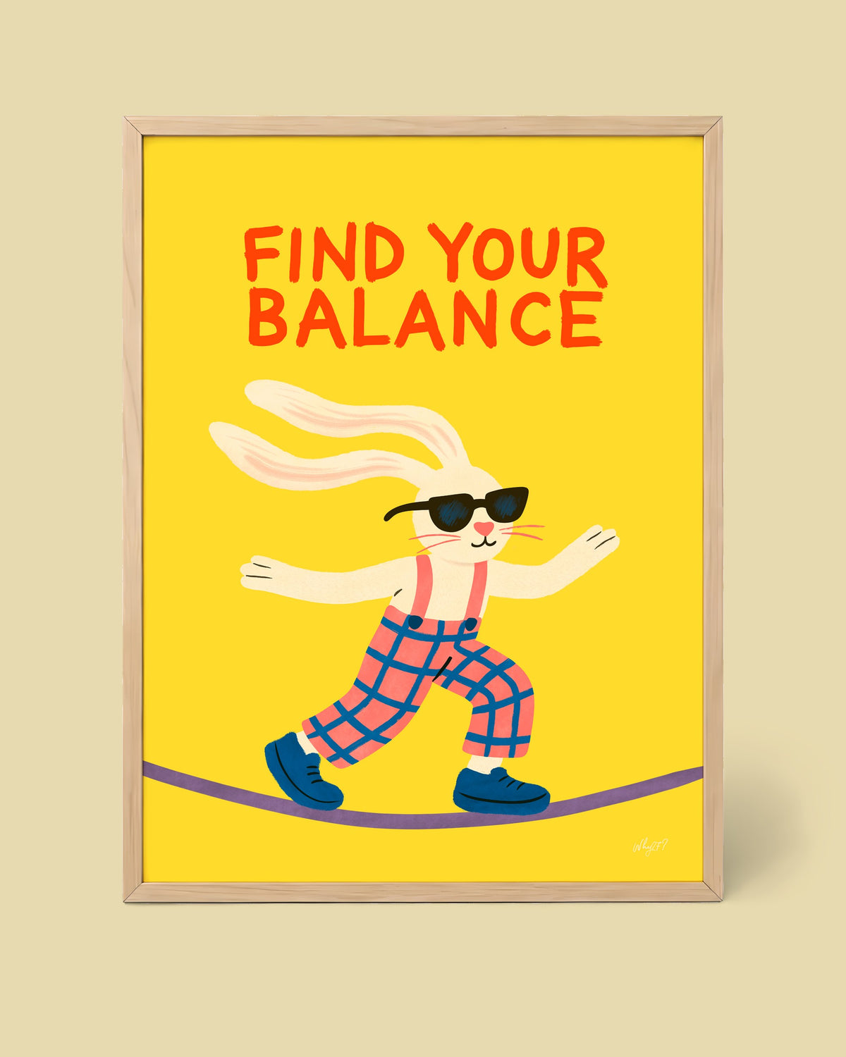 Find Your Balance Rabbit Poster framed in a natural wood frame