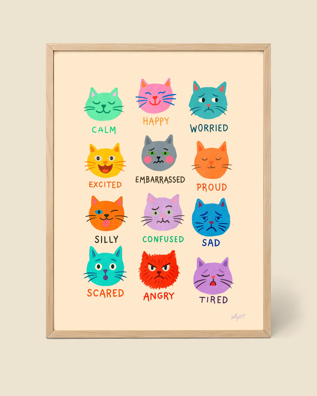 Cat Emotions Poster framed in a natural wood frame