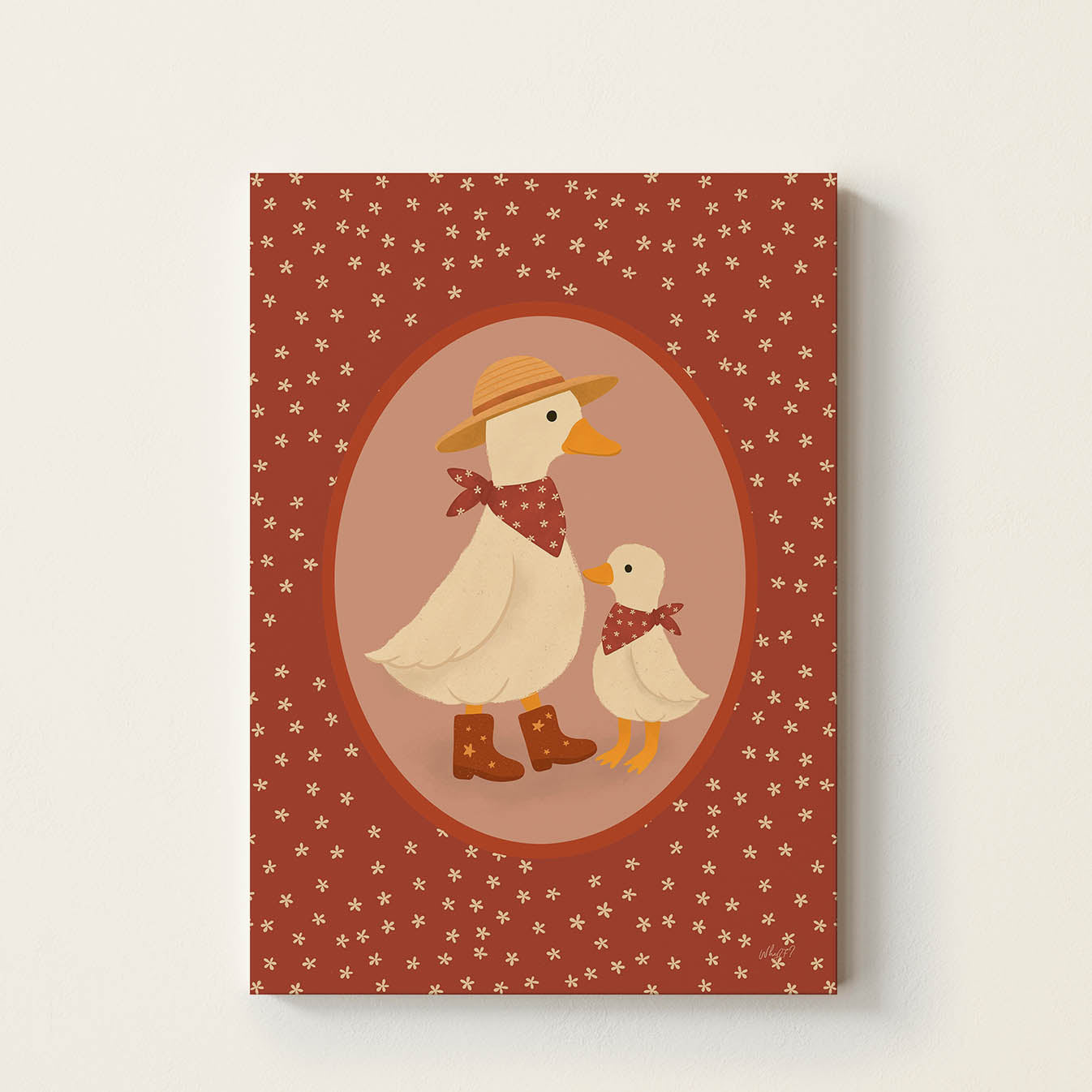 Hand-drawn duck and duckling wearing matching scarves, with the adult duck wearing boots and a straw hat, creating a charming nursery wall art print celebrating family and togetherness.