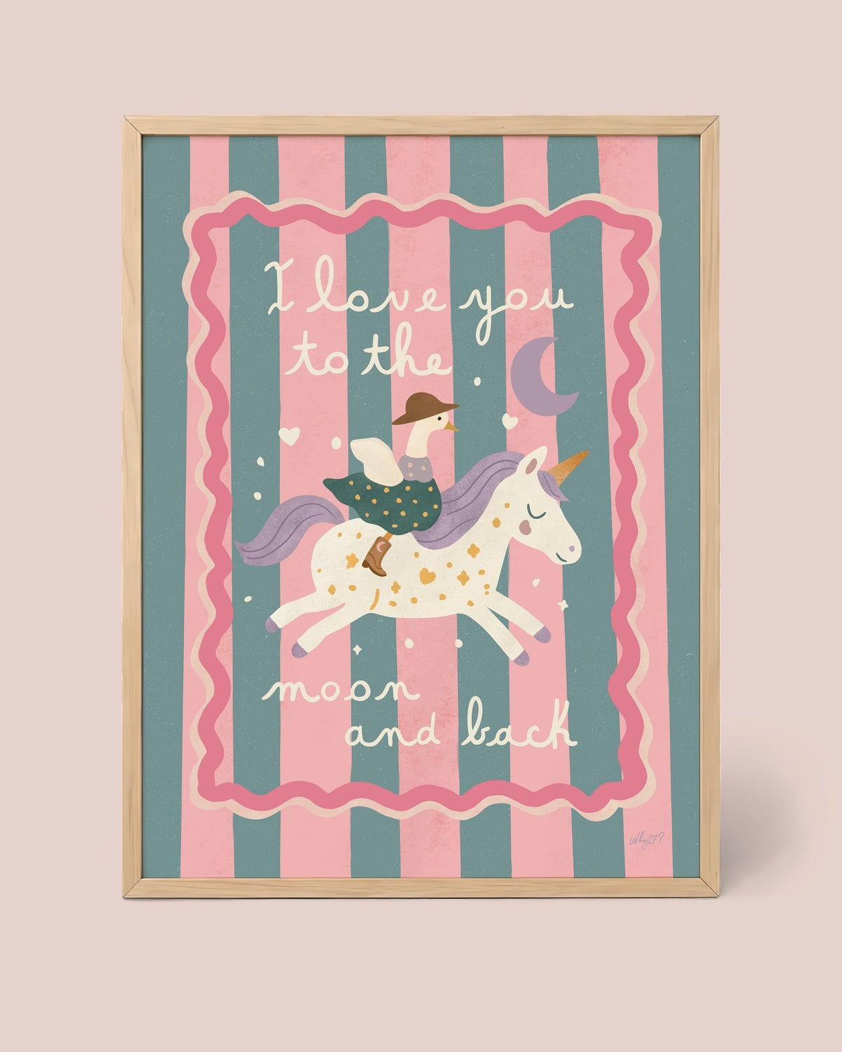 I Love You To The Moon Horse Poster framed in a natural wood frame