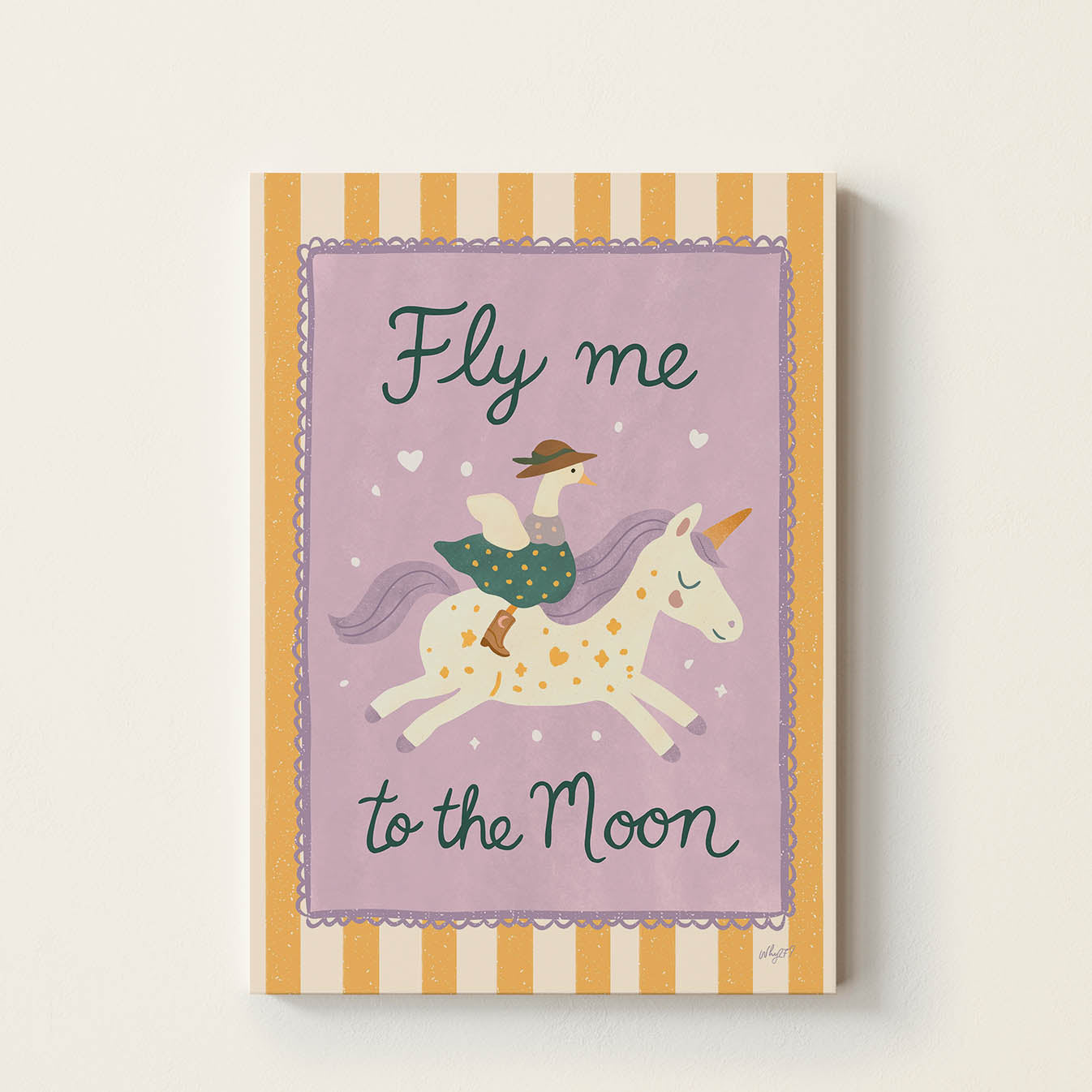 Hand-drawn duck wearing a hat and scarf riding a magical unicorn beneath the words "Fly Me to the Moon", whimsical nursery wall art for bedrooms, playrooms, and children's rooms.