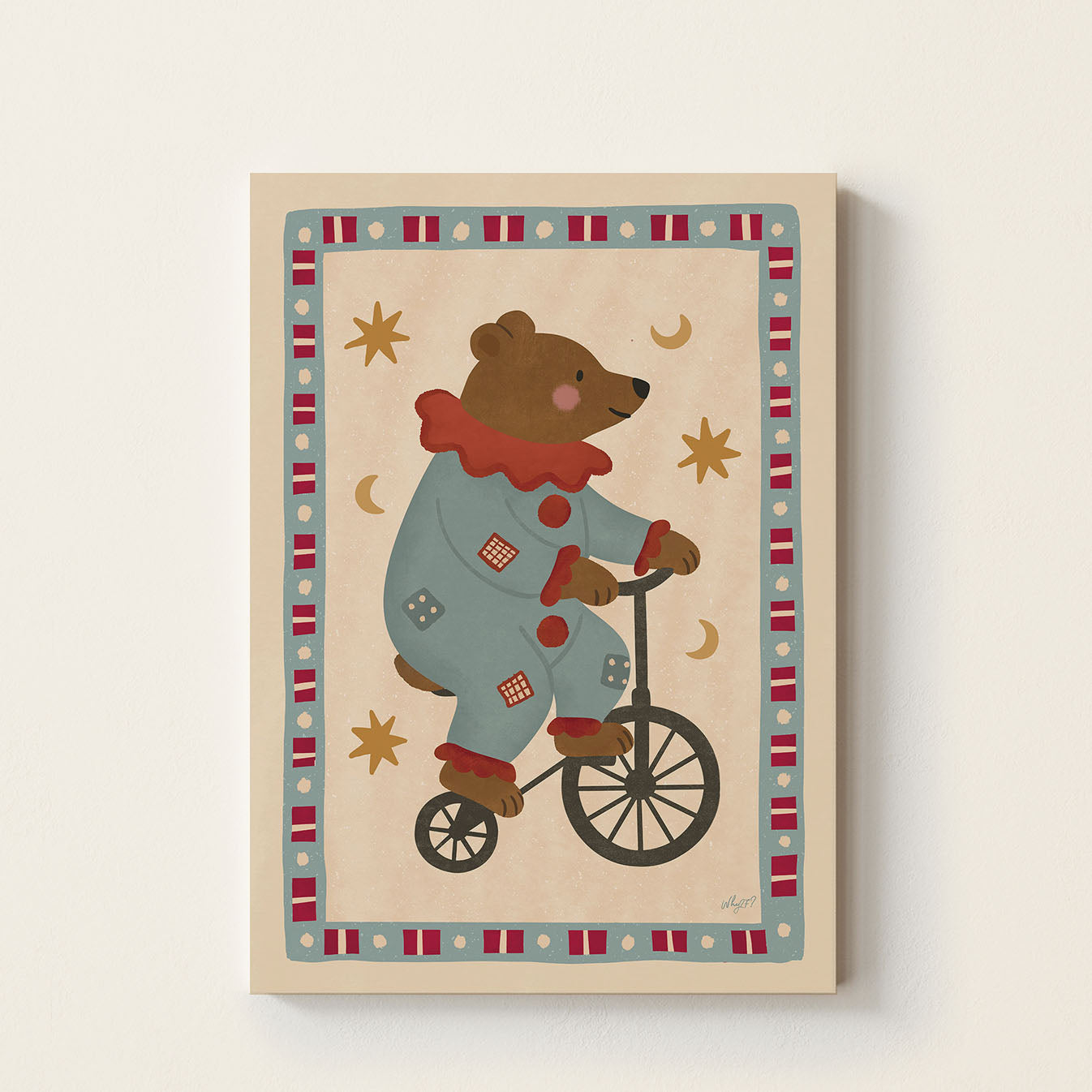 Circus Bear poster featuring a bear in a colorful circus costume riding a vintage bicycle surrounded by stars and moon details on a warm neutral background.