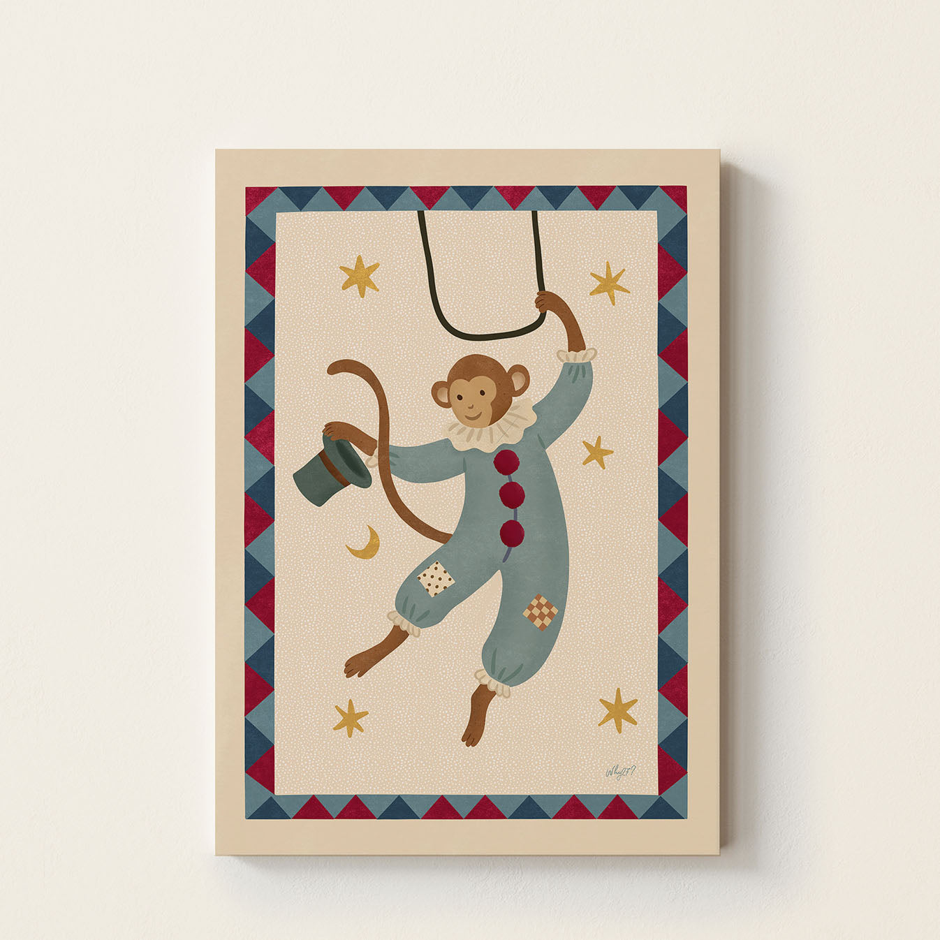 Circus Monkey poster featuring a monkey in a vintage circus costume swinging on a rope while holding a magician's hat on a warm neutral background.
