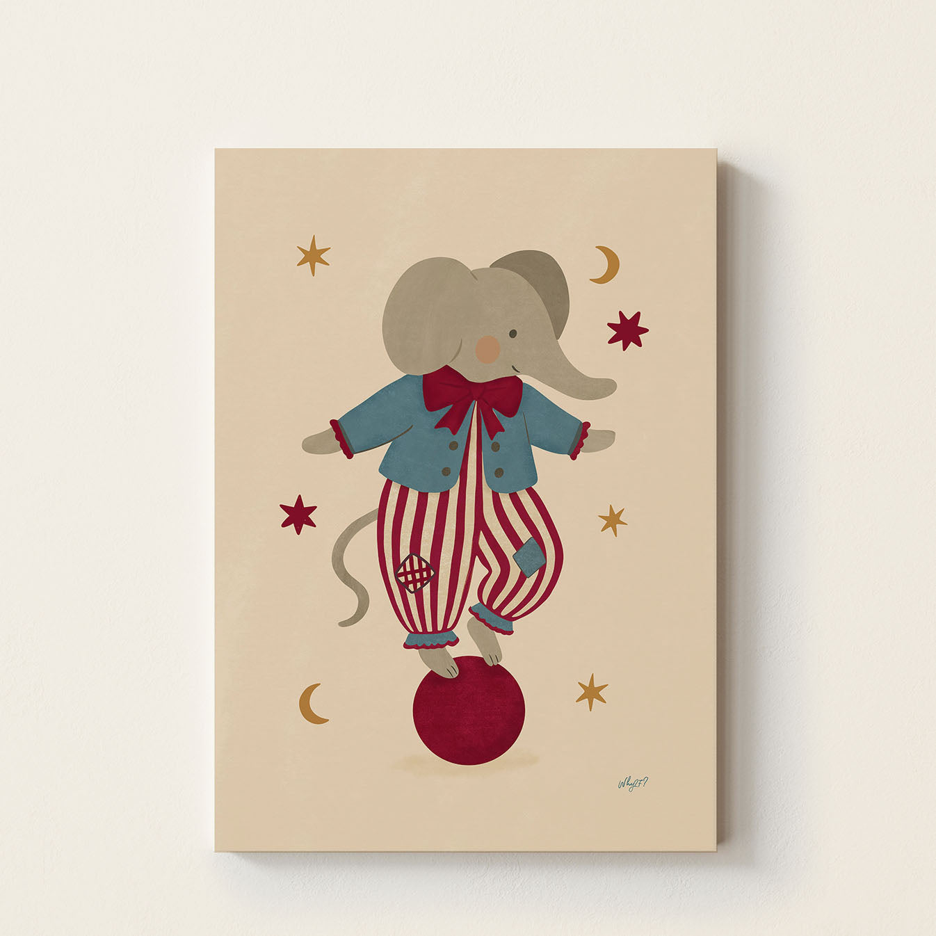Circus Elephant poster featuring an elephant in a vintage circus costume balancing on a red ball surrounded by stars and moon details on a warm neutral background.