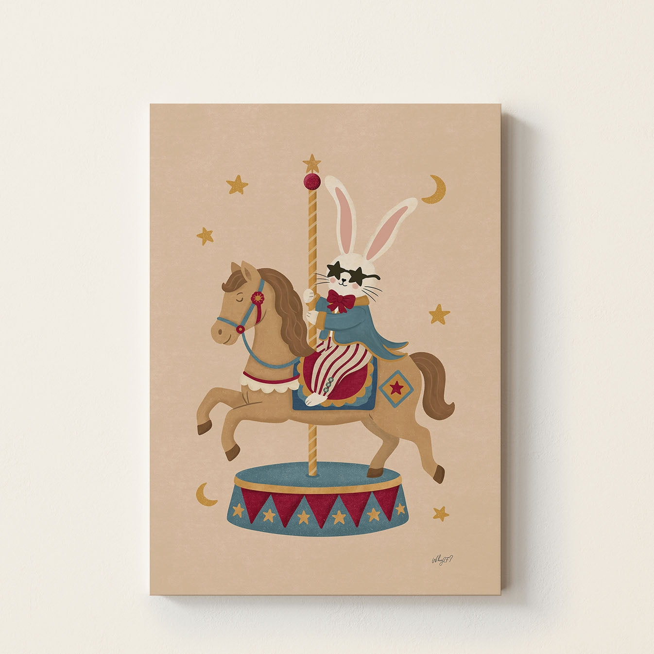 Hand-drawn rabbit riding a carousel horse circus poster for kids nursery and playroom wall decor