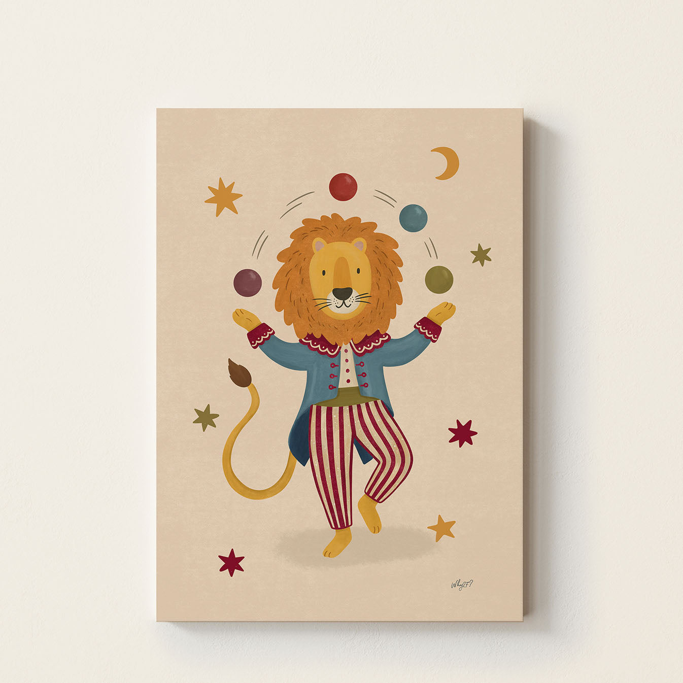 Circus Lion poster featuring a lion in a vintage circus costume juggling colorful balls surrounded by stars and moon details on a warm neutral background.