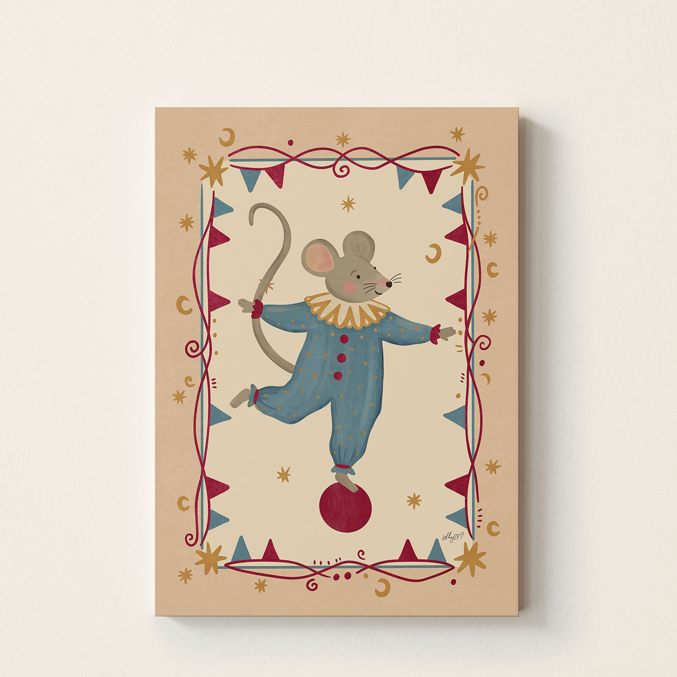 Circus Mouse poster featuring a mouse in a vintage circus costume balancing on a red circus ball surrounded by bunting, stars, and moon details on a warm neutral background.