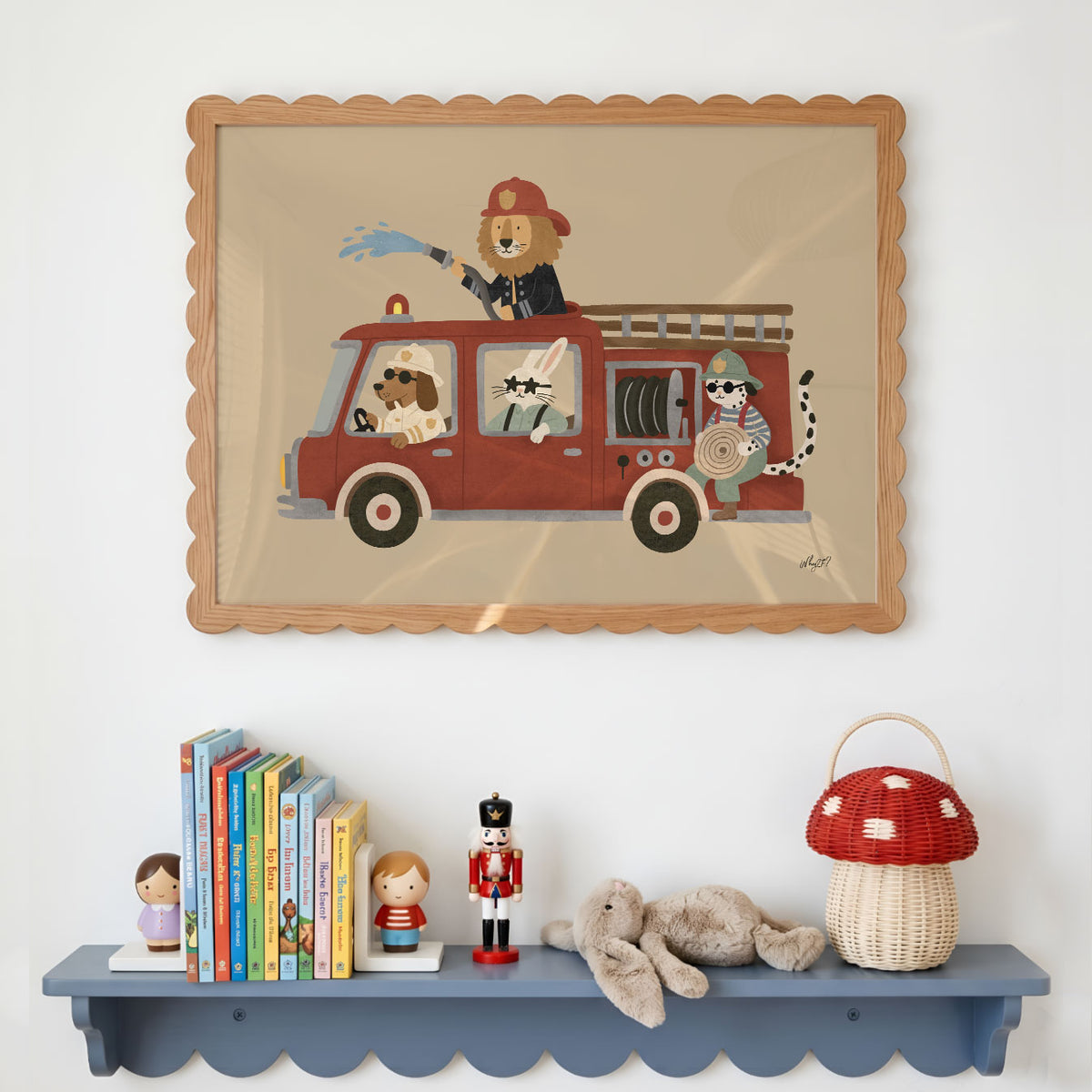Landscape poster of a red fire truck with a lion, dog, cat and dalmatian crew