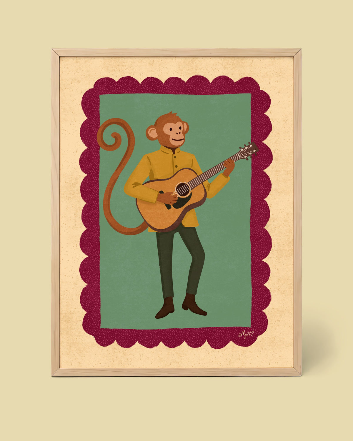 Melody Monkey Poster framed in a natural wood frame