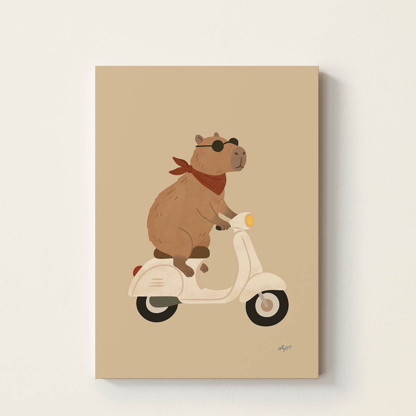 Hand-drawn capybara wearing sunglasses and a red bandana riding a vintage white scooter, retro-inspired kids wall art for nurseries, bedrooms, playrooms, and reading corners.