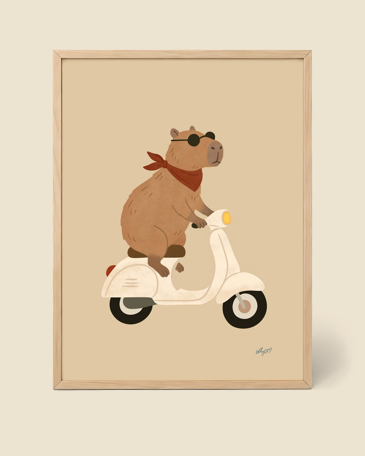 Cruisin' Capybara Poster framed in a natural wood frame