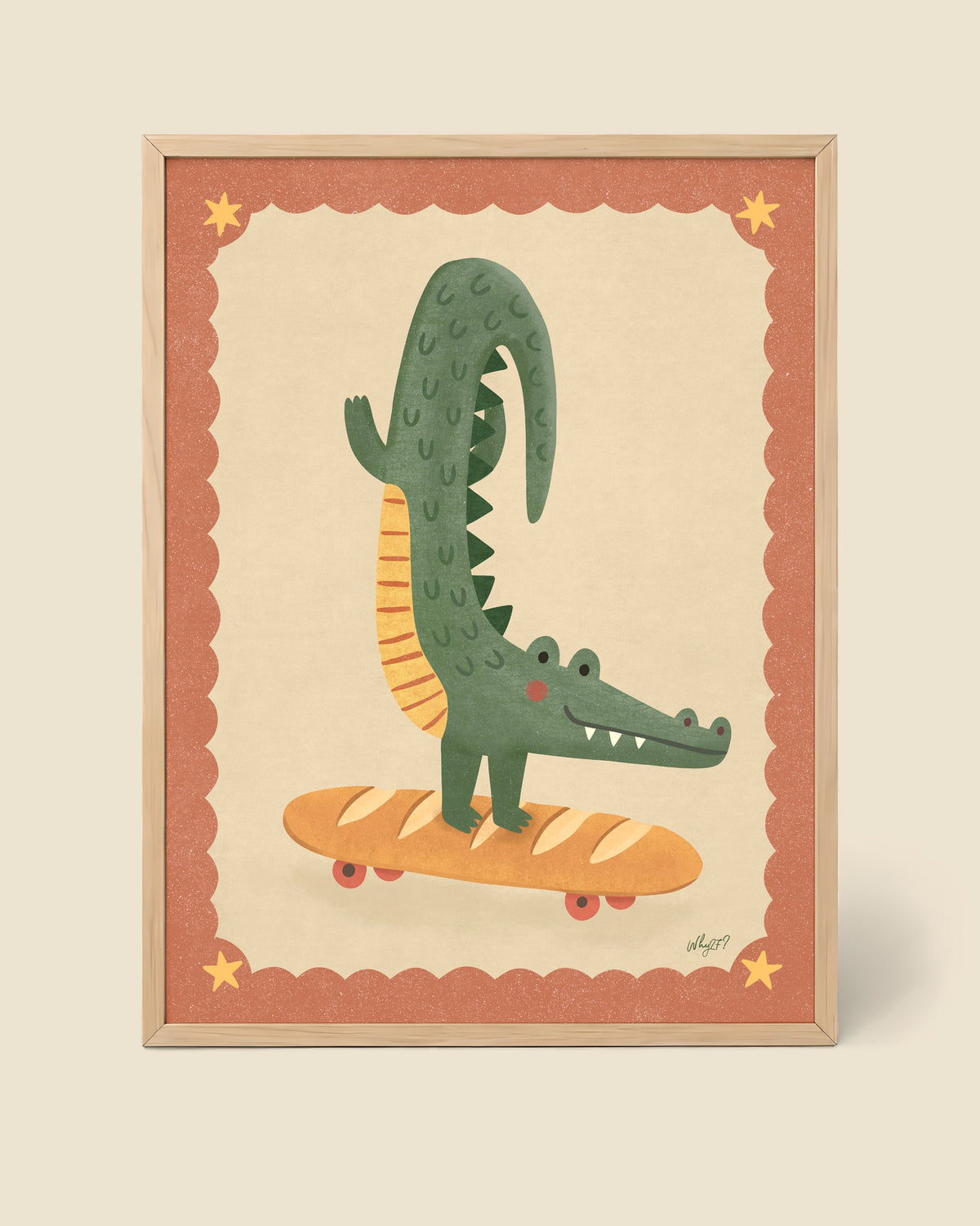 Baguette Skate Crocodile Poster framed in a natural wood frame