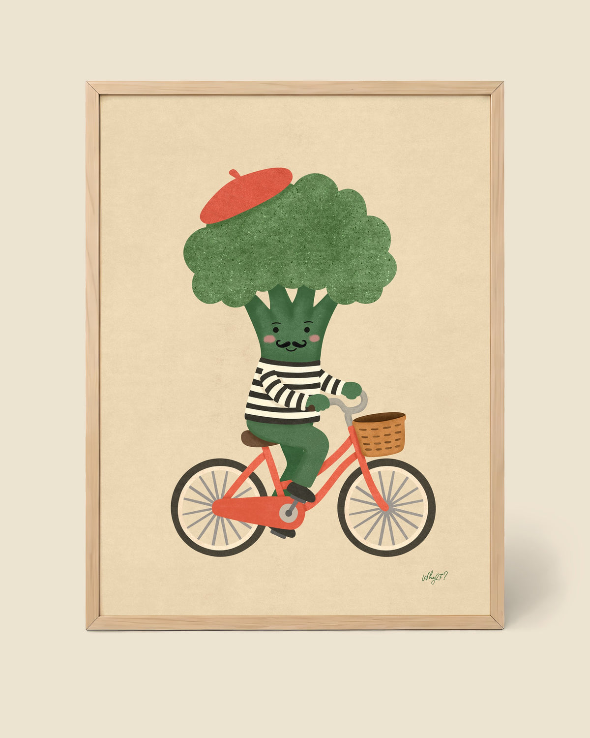 Broccoli On A Bike Poster framed in a natural wood frame