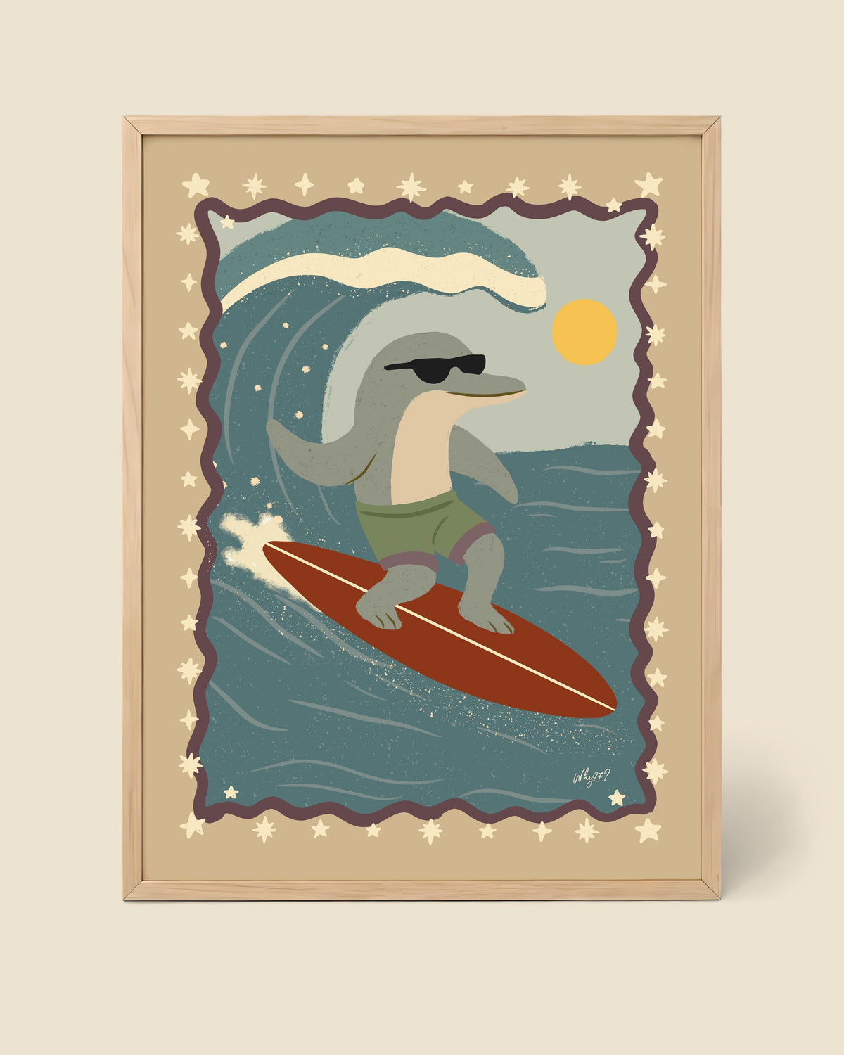Wave Rider Dolphin Poster framed in a natural wood frame