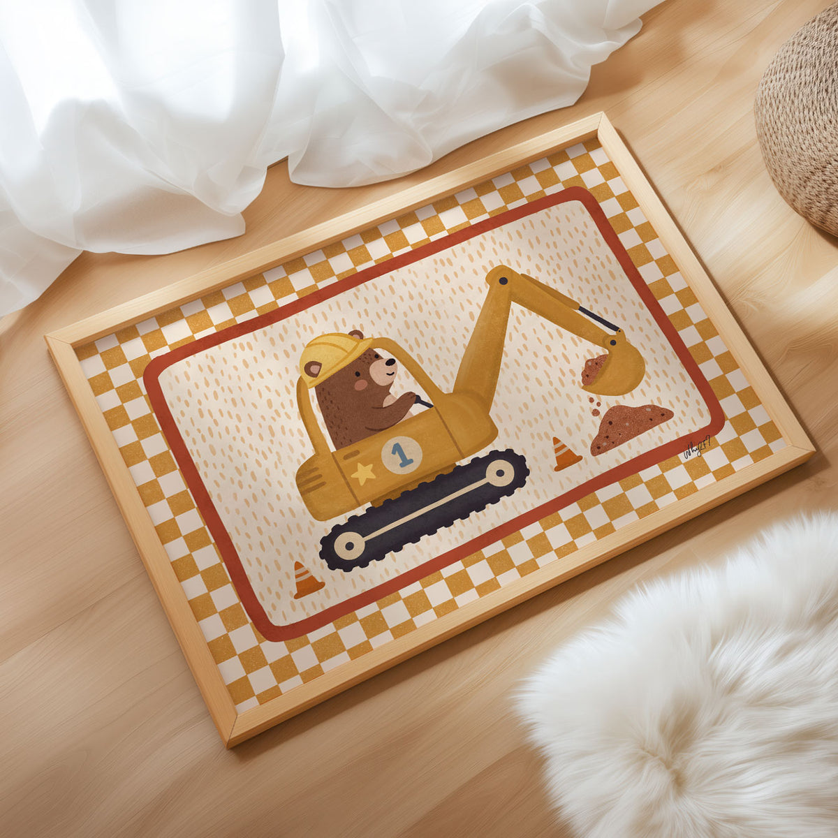 Landscape poster of a bear in a hard hat driving a yellow excavator