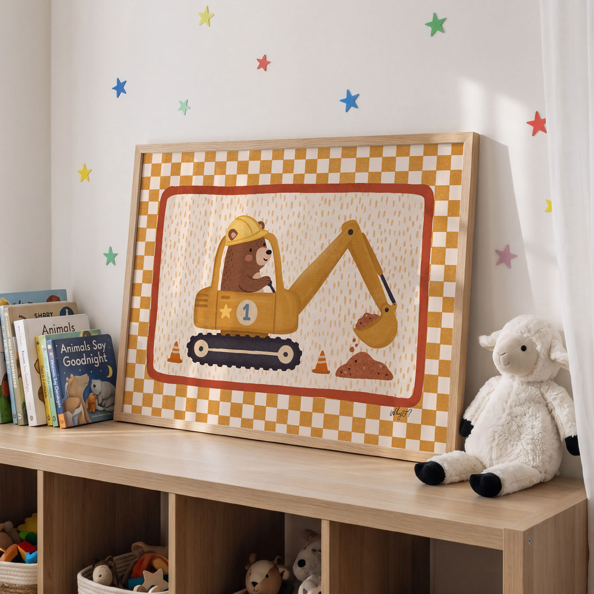 Landscape poster of a bear in a hard hat driving a yellow excavator