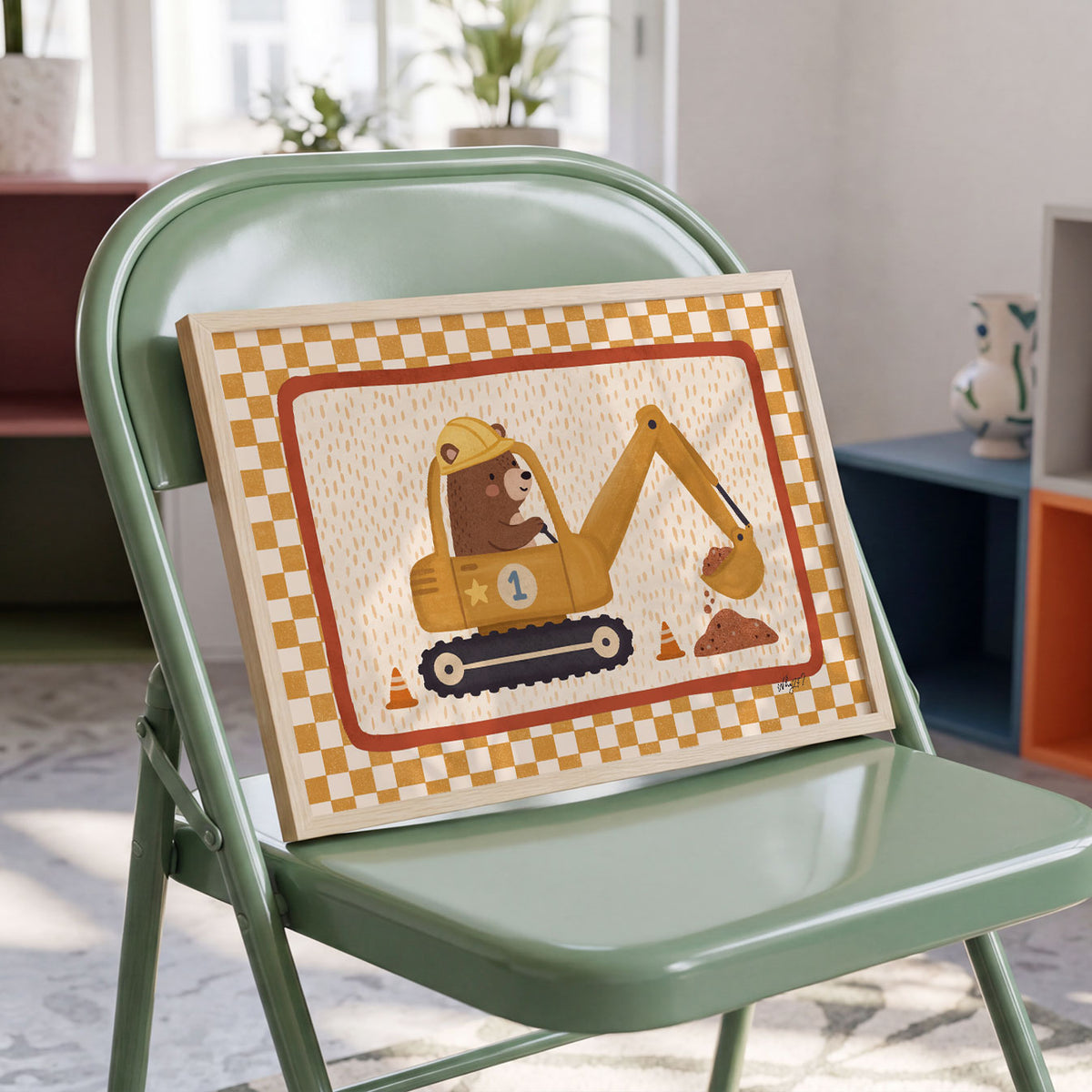 Landscape poster of a bear in a hard hat driving a yellow excavator