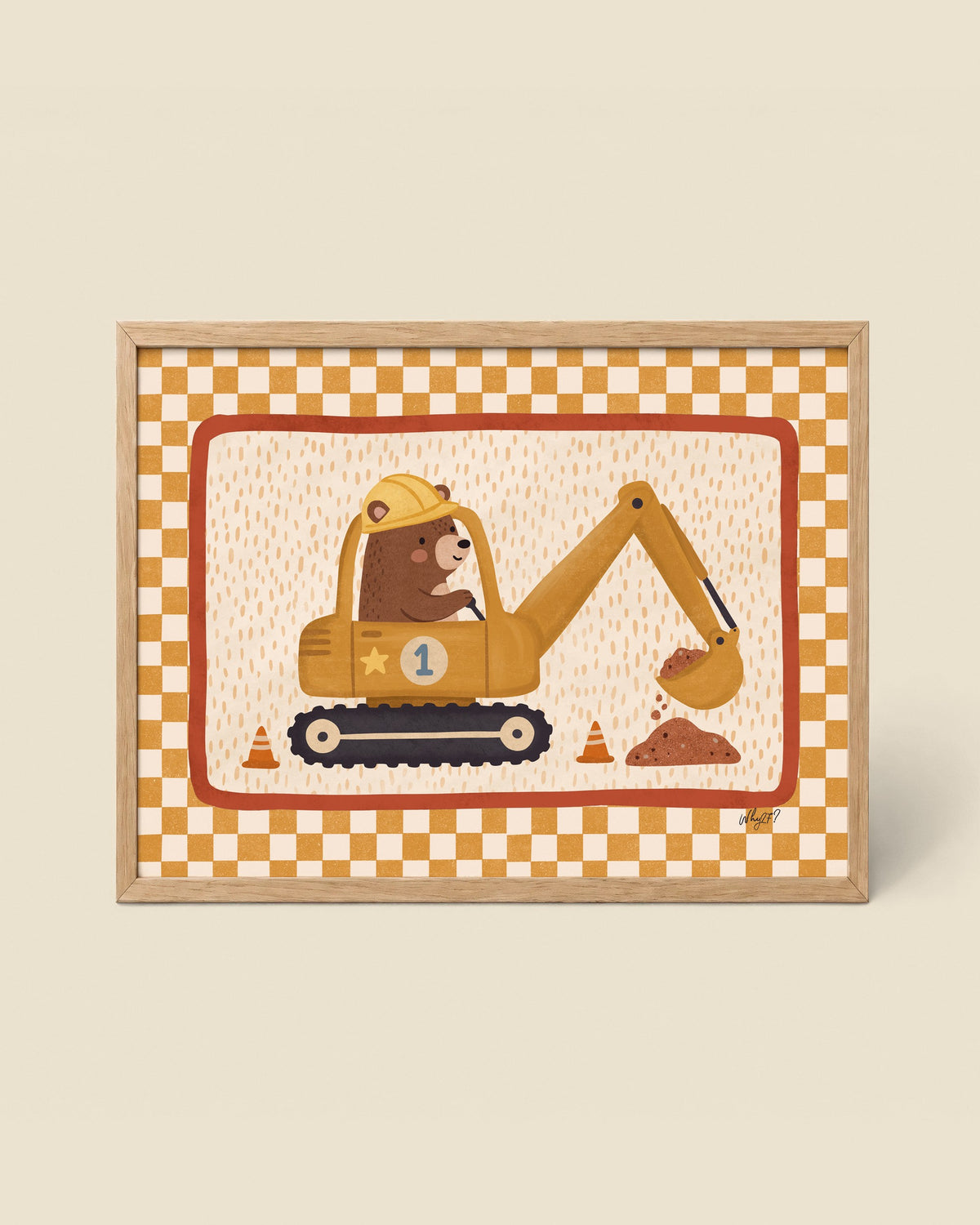 Excavator Bear Poster framed in a natural wood frame