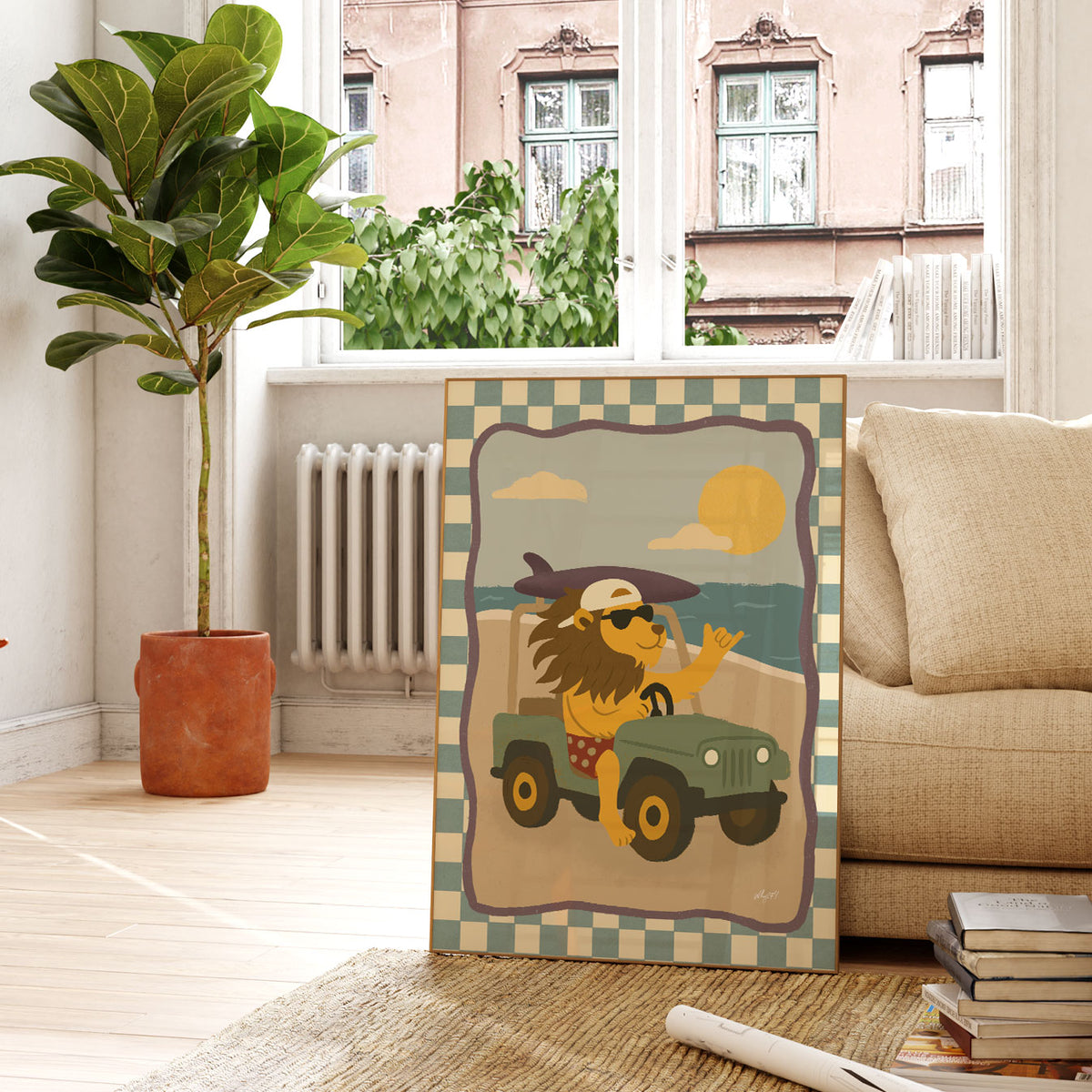 Playful lion adventure poster with green jeep, golden sunset and vintage-inspired checkerboard frame.