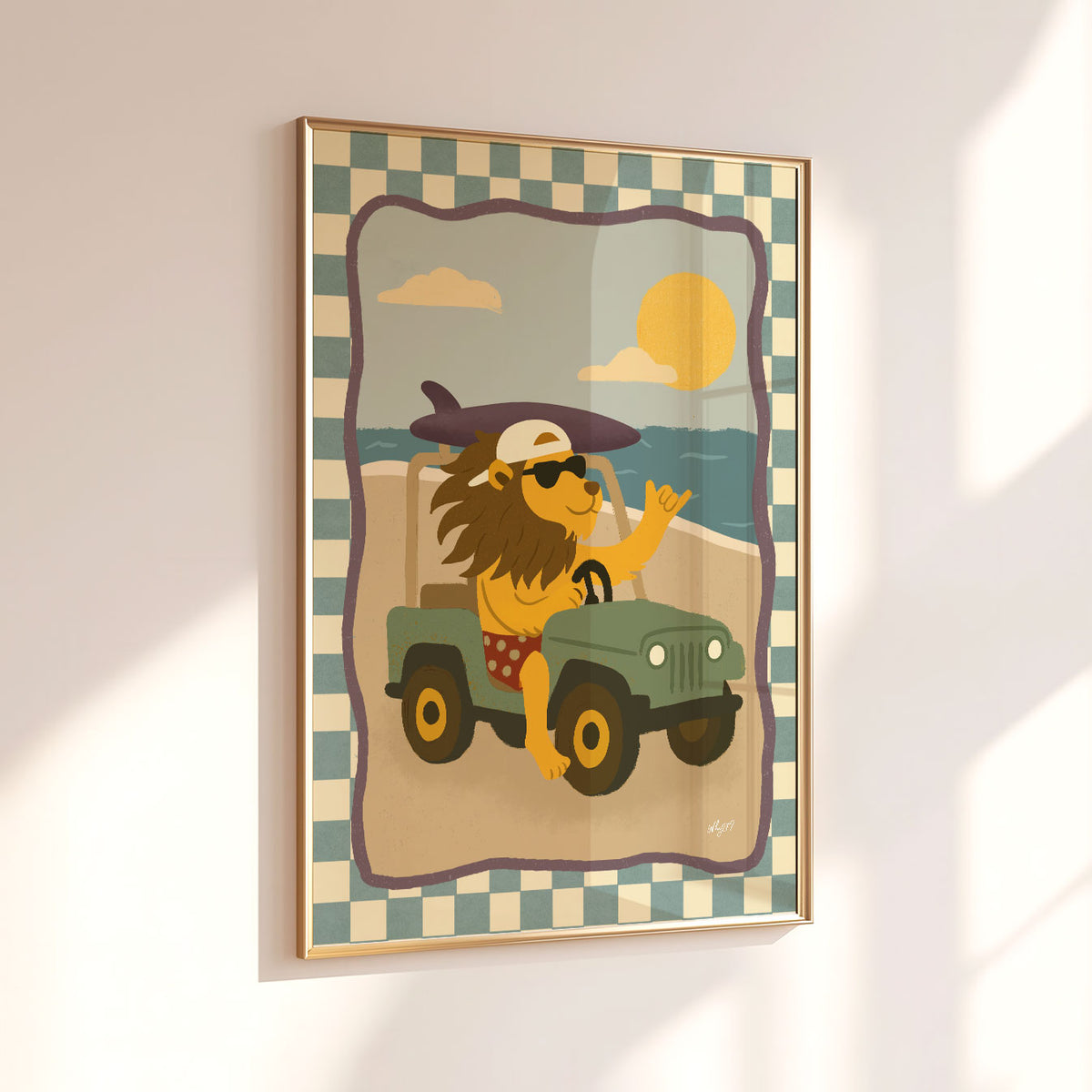 Adventurous lion riding in a green off-road vehicle with sunglasses against a warm landscape background.
