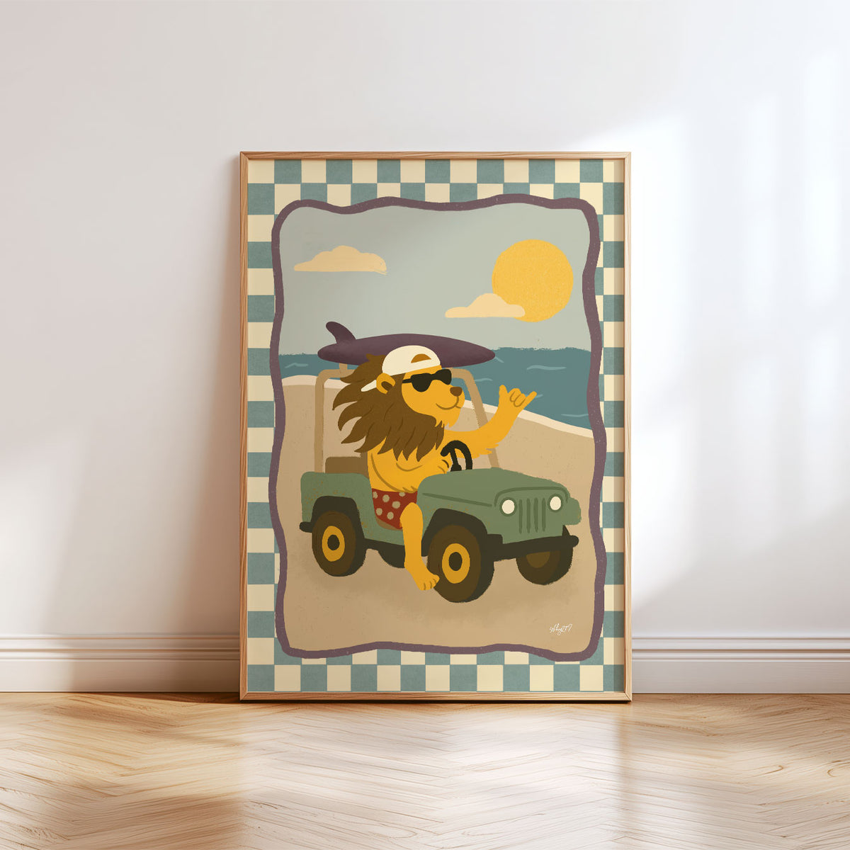 Retro lion vehicle poster in olive green, blue and golden tones for a kids bedroom or playroom.