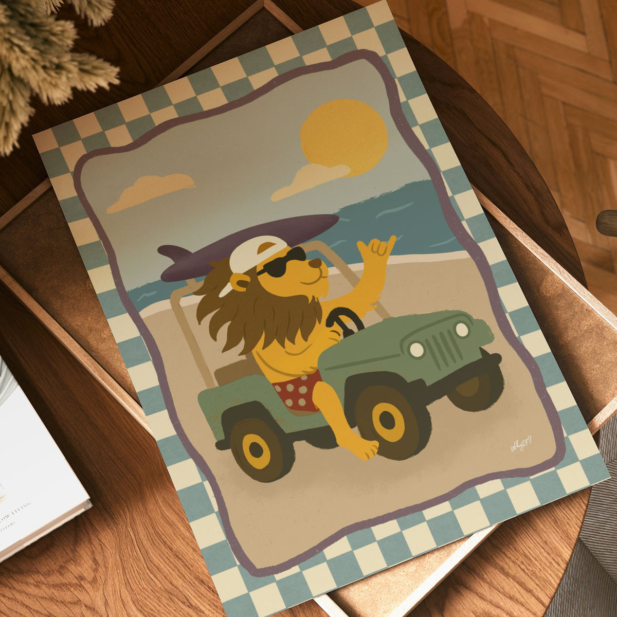 Lion driving a jeep kids wall art with a playful adventure scene and blue checkerboard border.