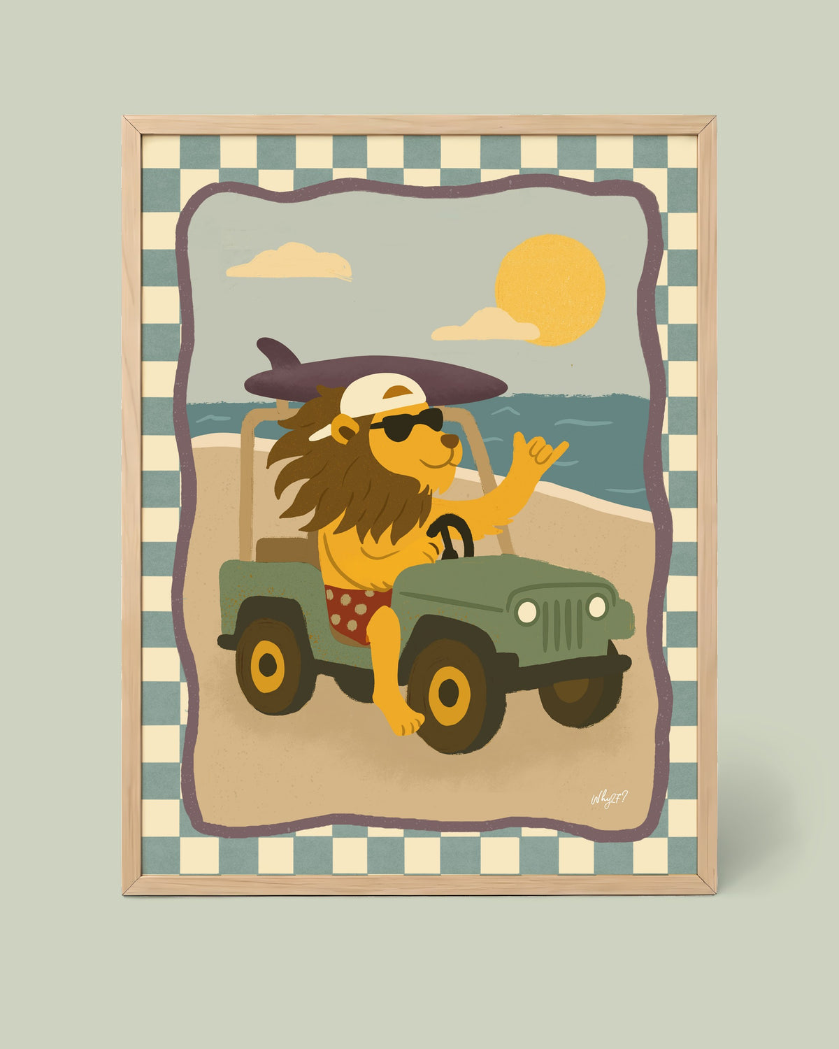 Surf Lion Jeep Poster framed in a natural wood frame