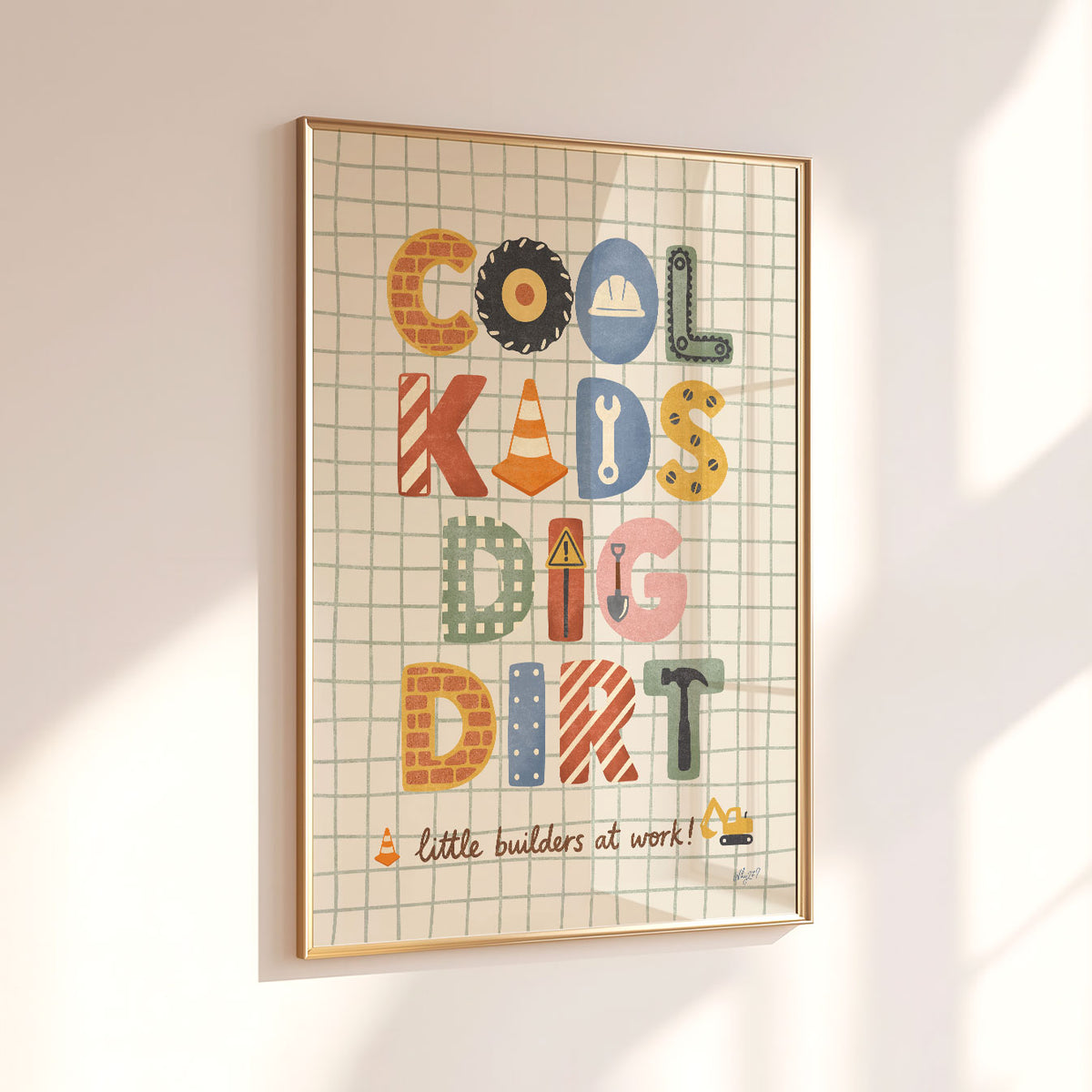 Construction-themed kids wall art for a builder bedroom or playroom with colourful hand-drawn lettering.
