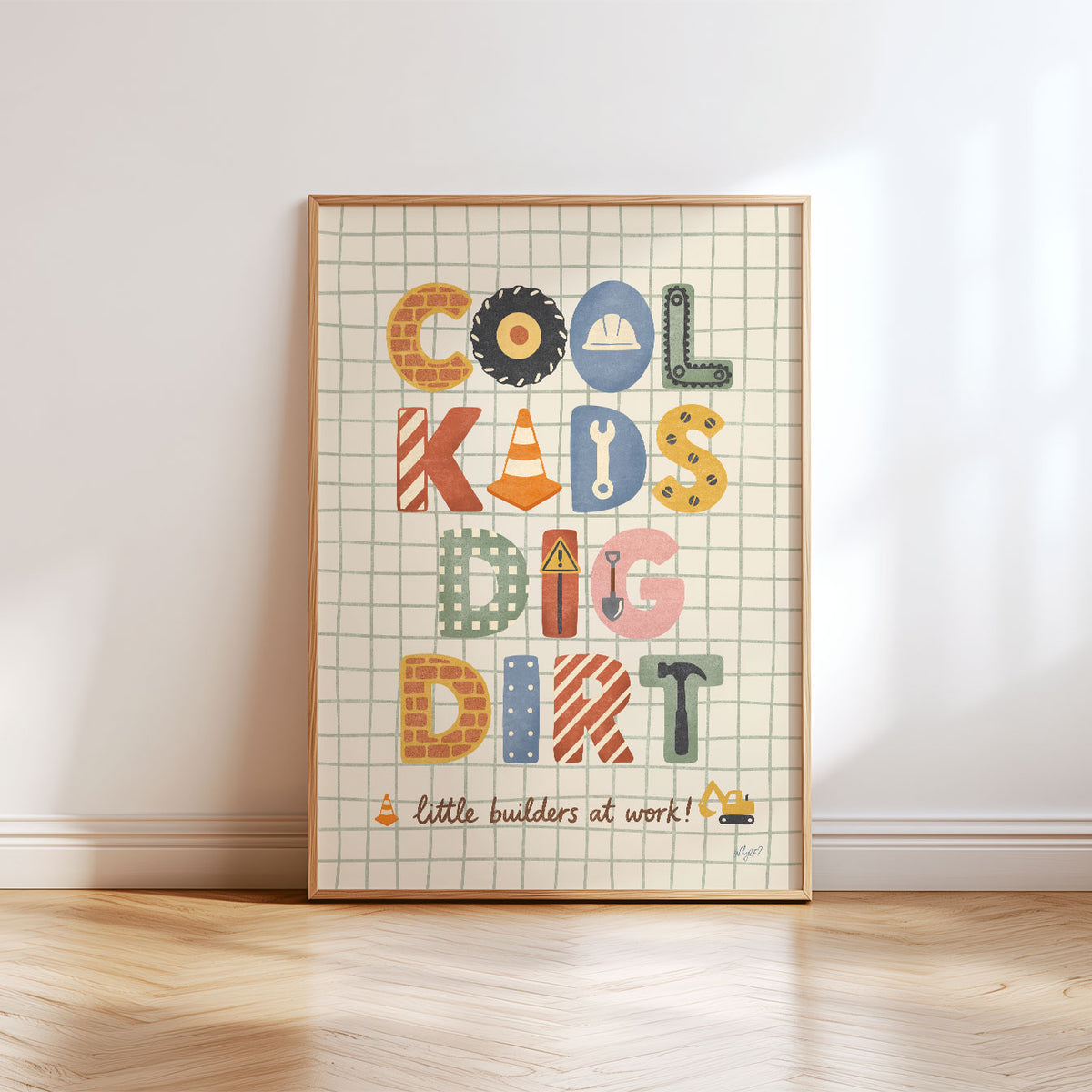Playful builder wall art with hand-drawn tools and construction details in blue, mustard, terracotta and green.