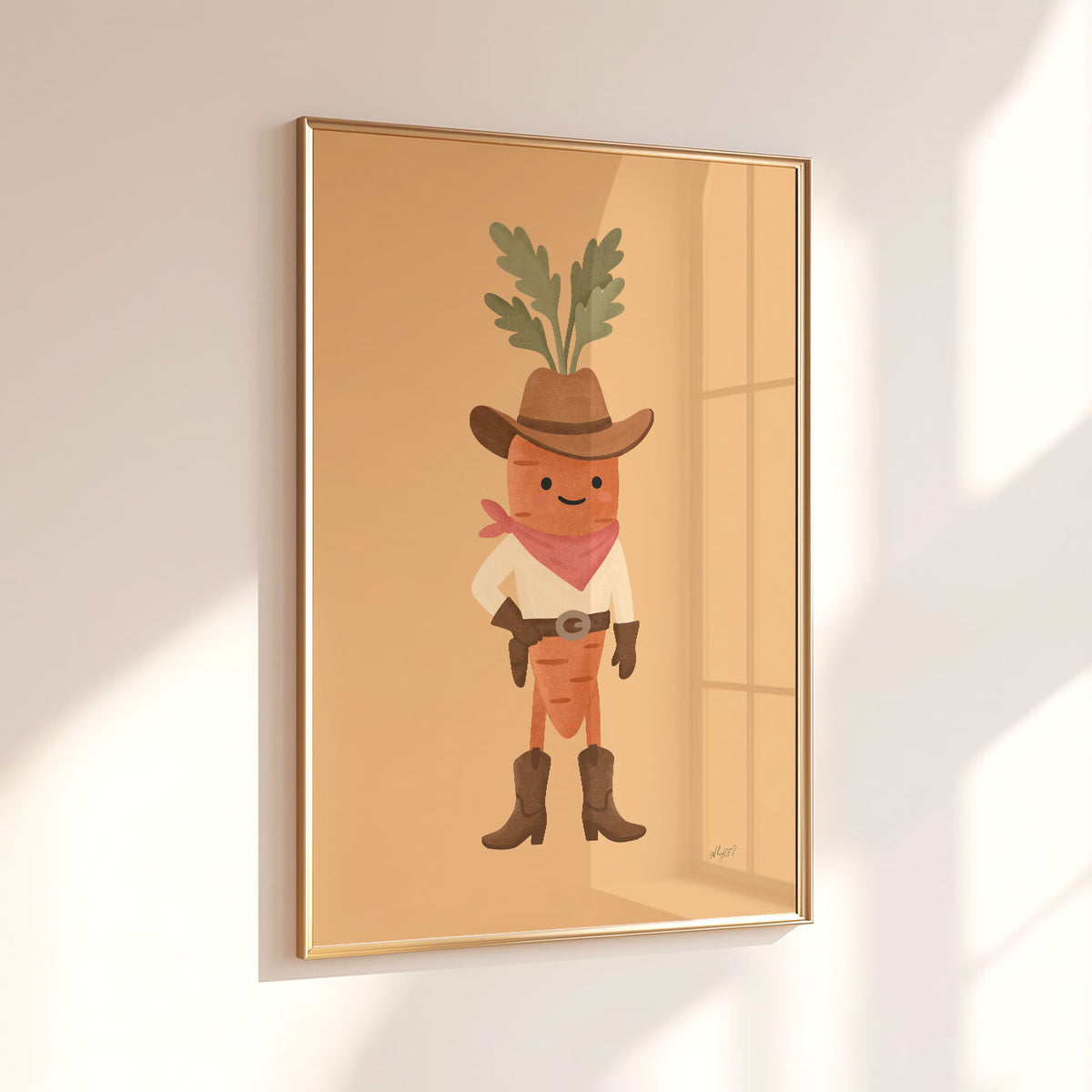 Carrot Cowboy kids wall art featuring a smiling vegetable character dressed in a playful Western outfit.